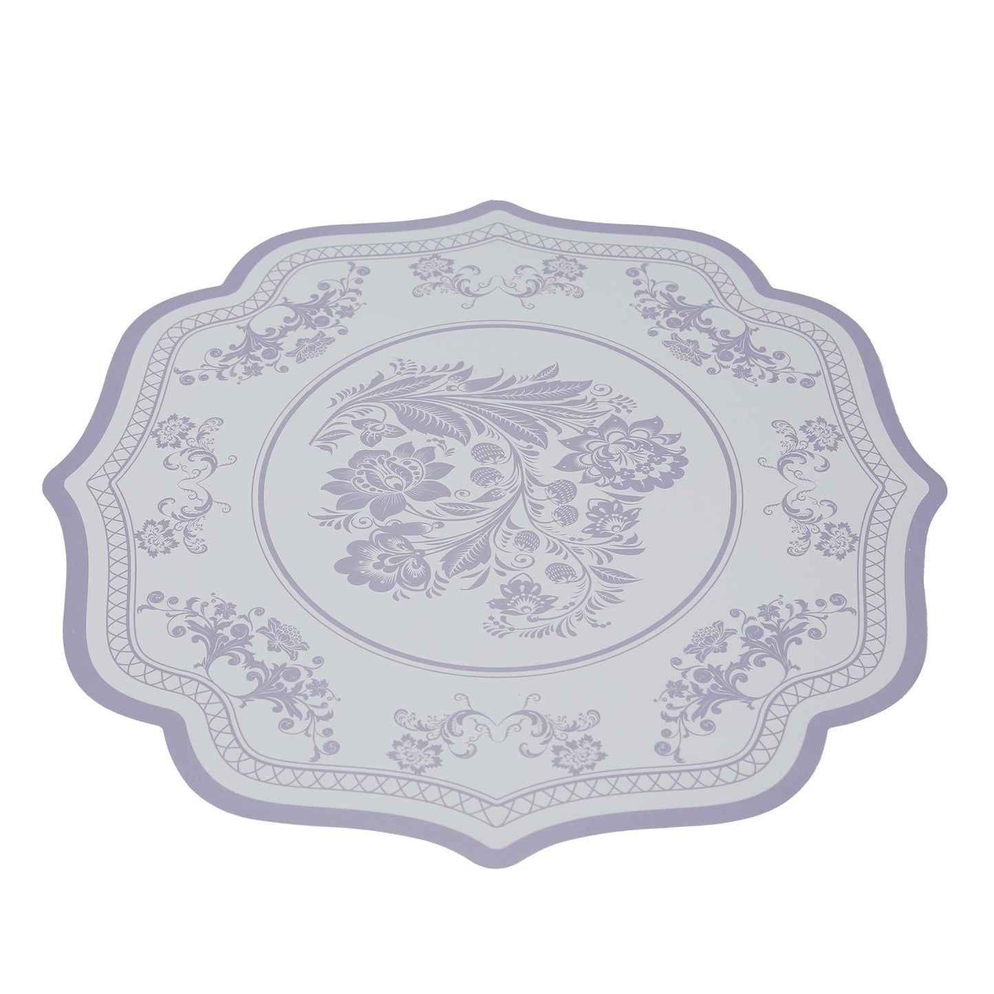 10-Pack Disposable Table Placemats 13" Round Placemats in White with Lavender Damask Floral Pattern & Scalloped Rim - 400GSM Cardboard Placemats for Stylish Table Setting