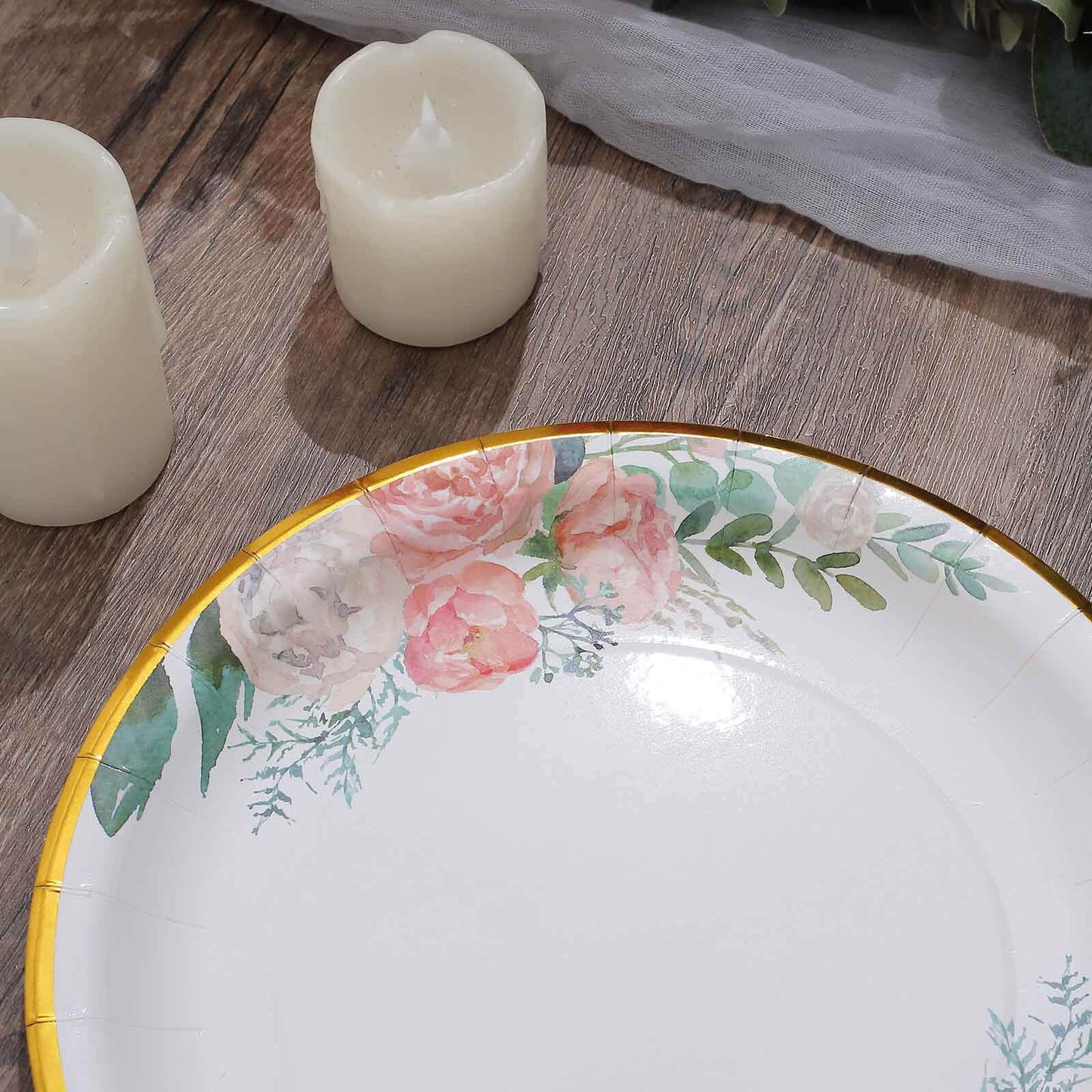 25-Pack Paper 9" Round Dinner Plates White with Peony Floral Design & Gold Rim - Disposable Floral Party Plates for Brunches & Afternoon Teas