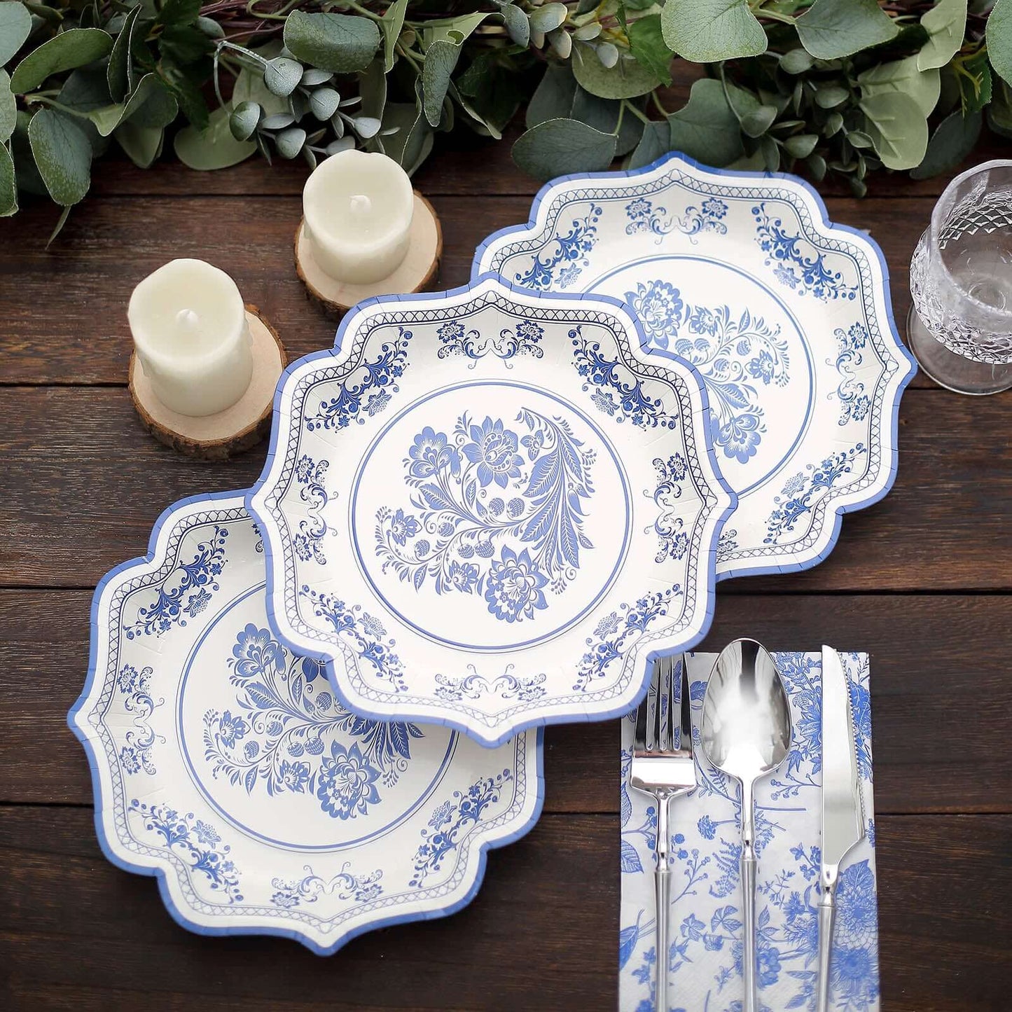 25-Pack Paper Dessert Plates in White with Light Blue Damask Floral Print & Scallop Rim - Stylish Disposable 300GSM Floral Salad Appetizer Plates 8"