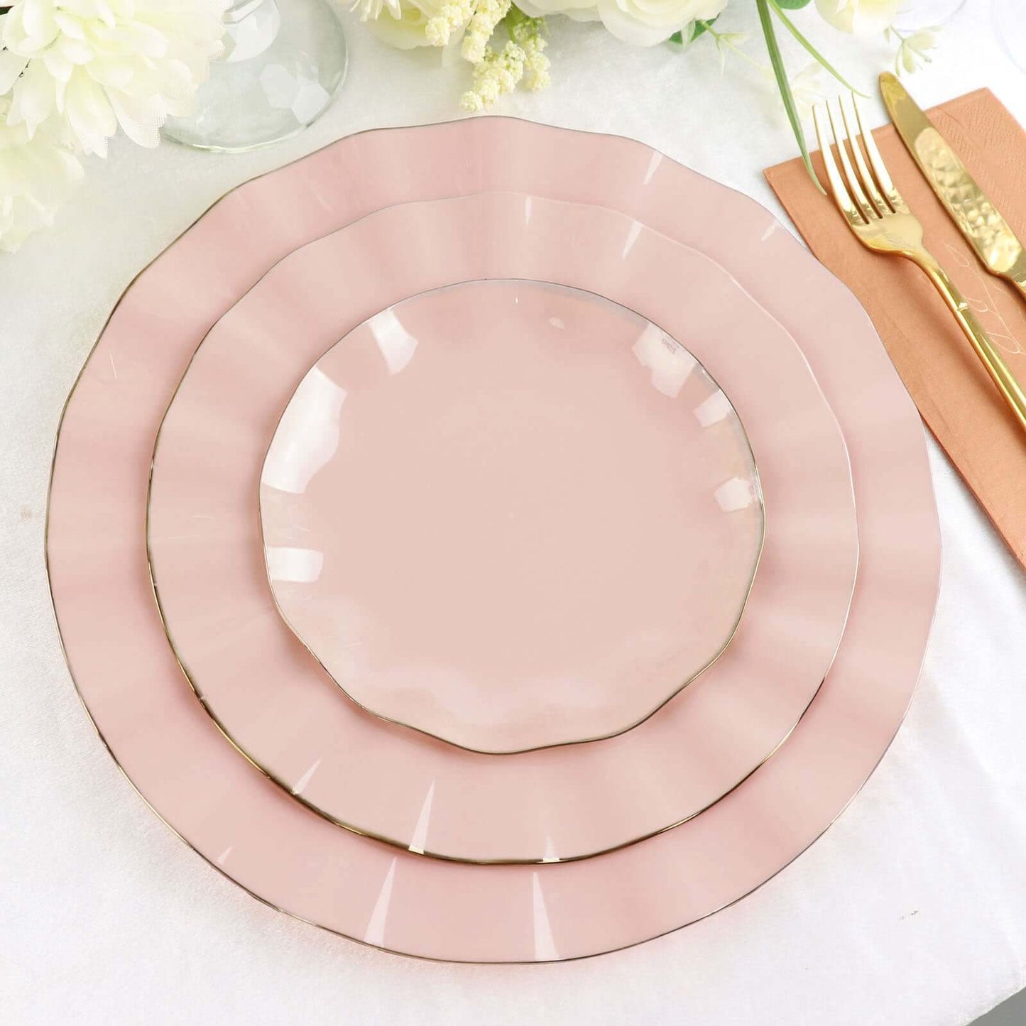 10-Pack Plastic Round 6" Dessert Plates in Blush Ruffled Rim with Gold Edging - Sturdy Disposable Salad Appetizer Dinnerware
