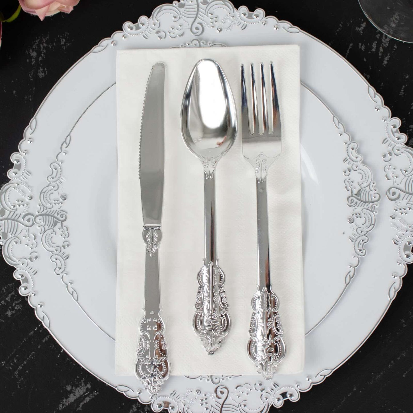 24 Pcs Plastic Silverware Set in Baroque Style Metallic Silver - Heavy Duty Disposable Knife, Fork, and Spoon Set
