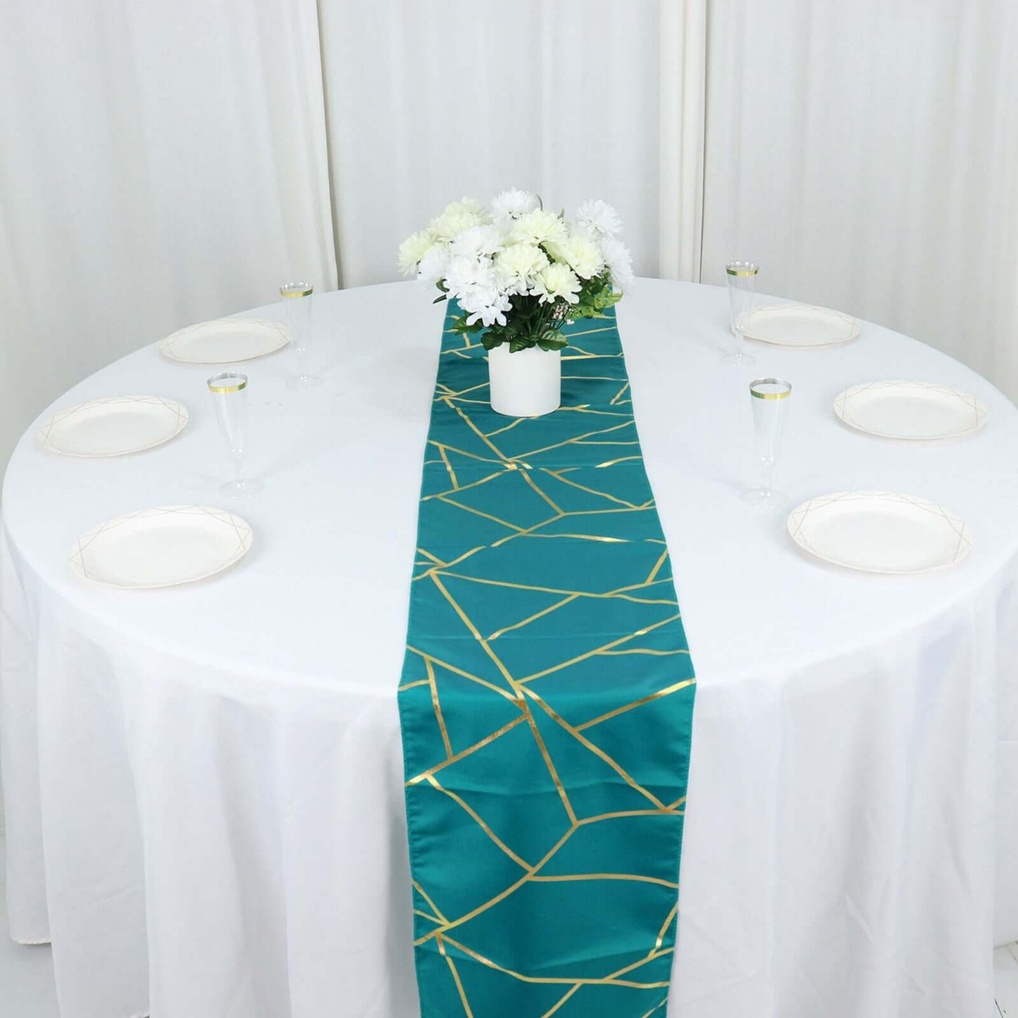 Polyester 9ft Table Runner Teal with Gold Foil Modern Geometric Accent