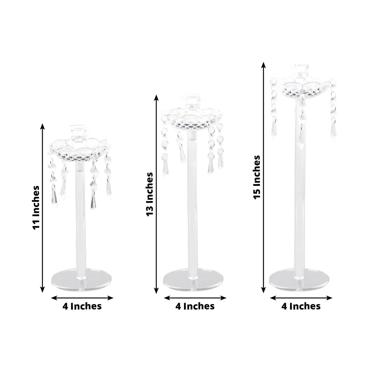 Set of 3 Acrylic Taper Candle Holders with Hanging Bead & Prism Accents â€“ Elegant Candlestick Stands - 11",13",15"