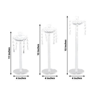 Set of 3 Acrylic Taper Candle Holders with Hanging Bead & Prism Accents â€“ Elegant Candlestick Stands - 11",13",15"