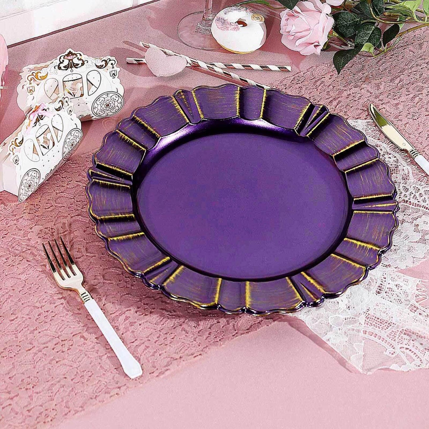 6-Pack Acrylic Plastic Round Charger Plates 13" in Purple with Gold Brushed Wavy Scalloped Rim, Decorative Dinner Party Charger Tableware
