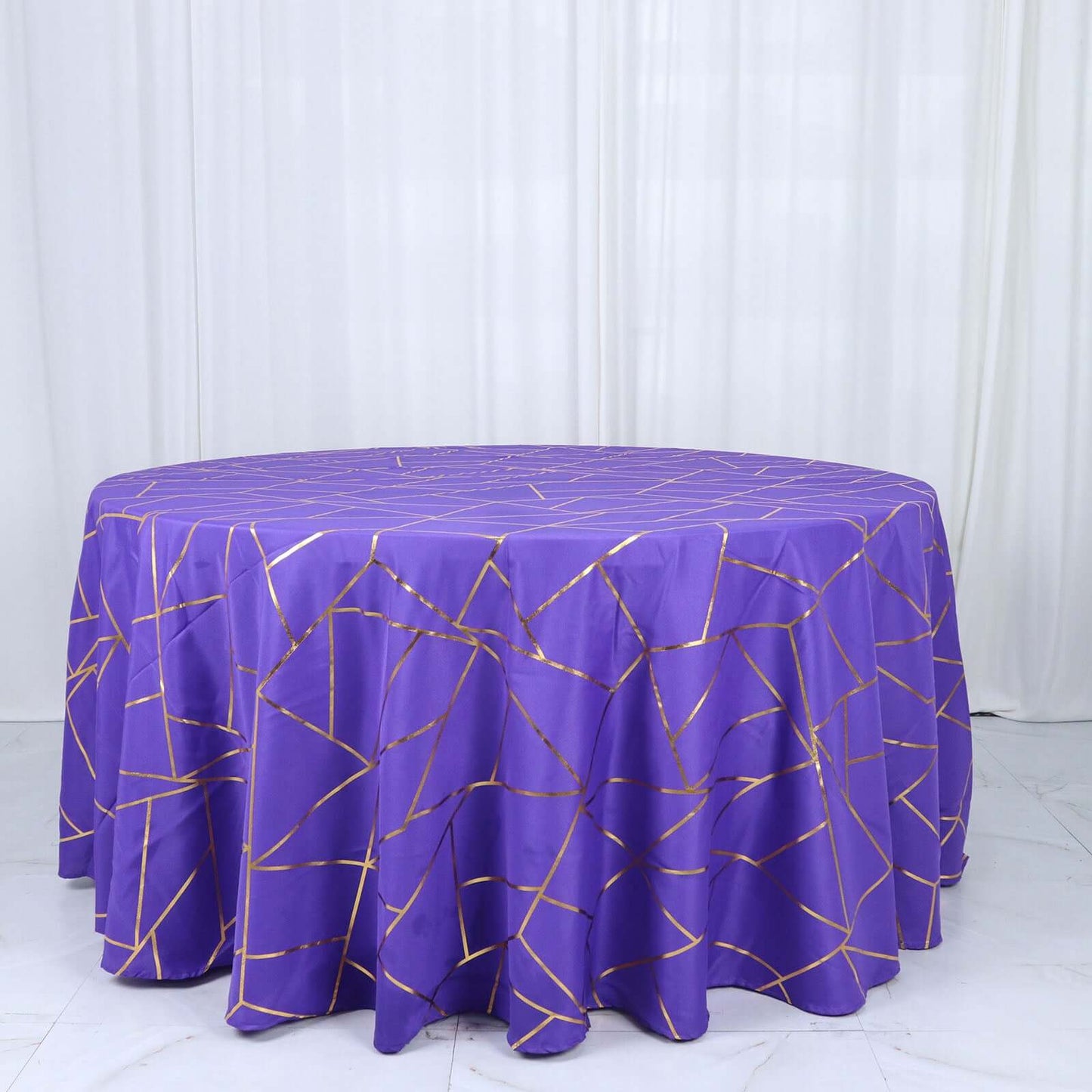 Polyester 120" Round Tablecloth Purple with Gold Foil Geometric Pattern Wrinkle-Resistant Seamless Table Cover