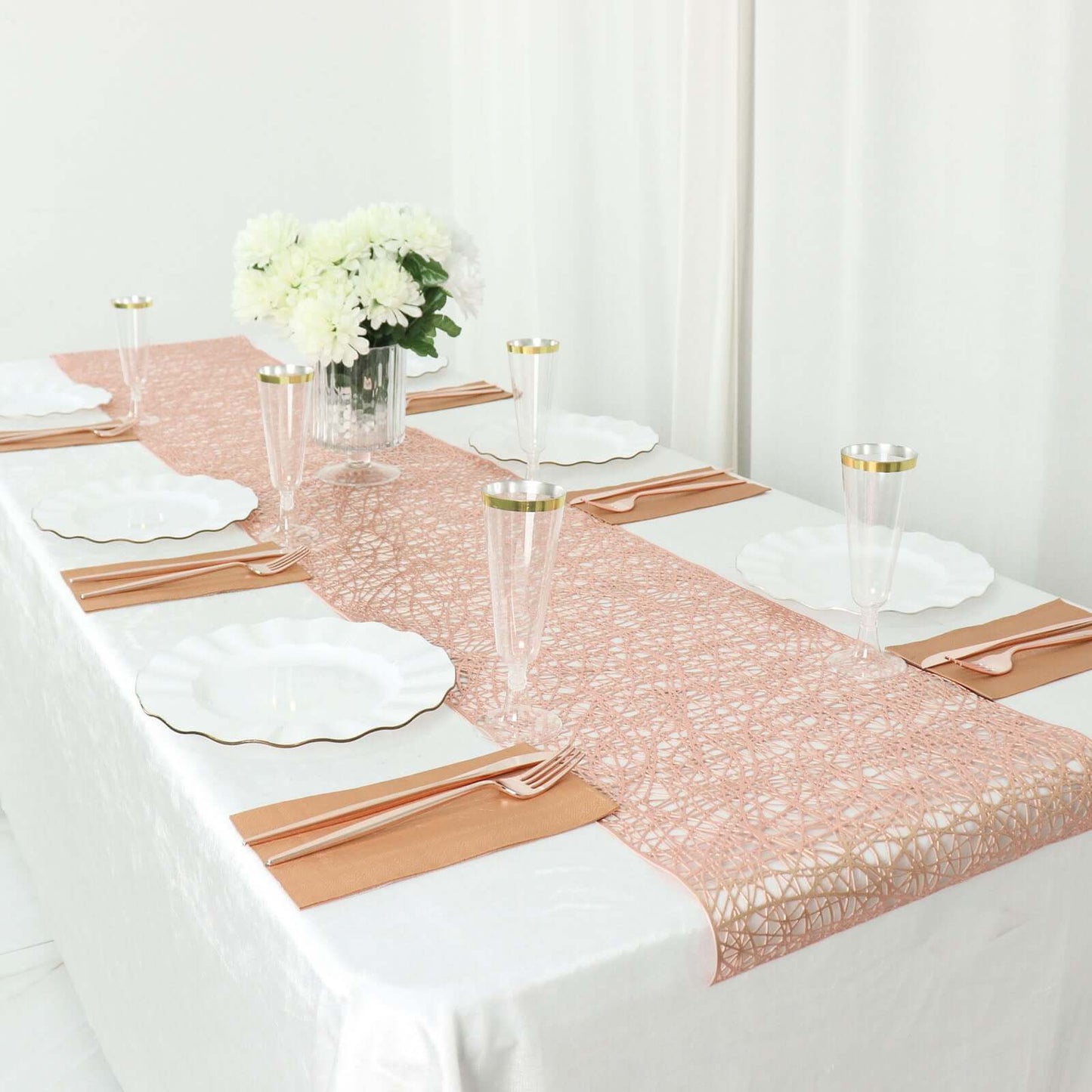 Plastic Woven Vinyl 13"x6ft Table Runner Metallic Rose Gold - Non-Slip & Reversible Tabletop Decor