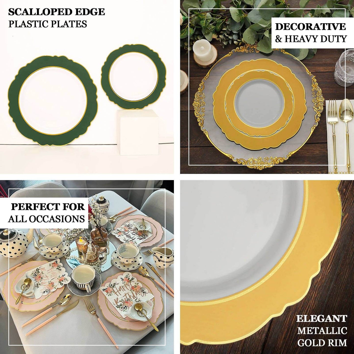 10-Pack Plastic 10" Round Dinner Plates in White with Hunter Emerald Green Blossom Design & Gold Edging - Disposable Party Plates
