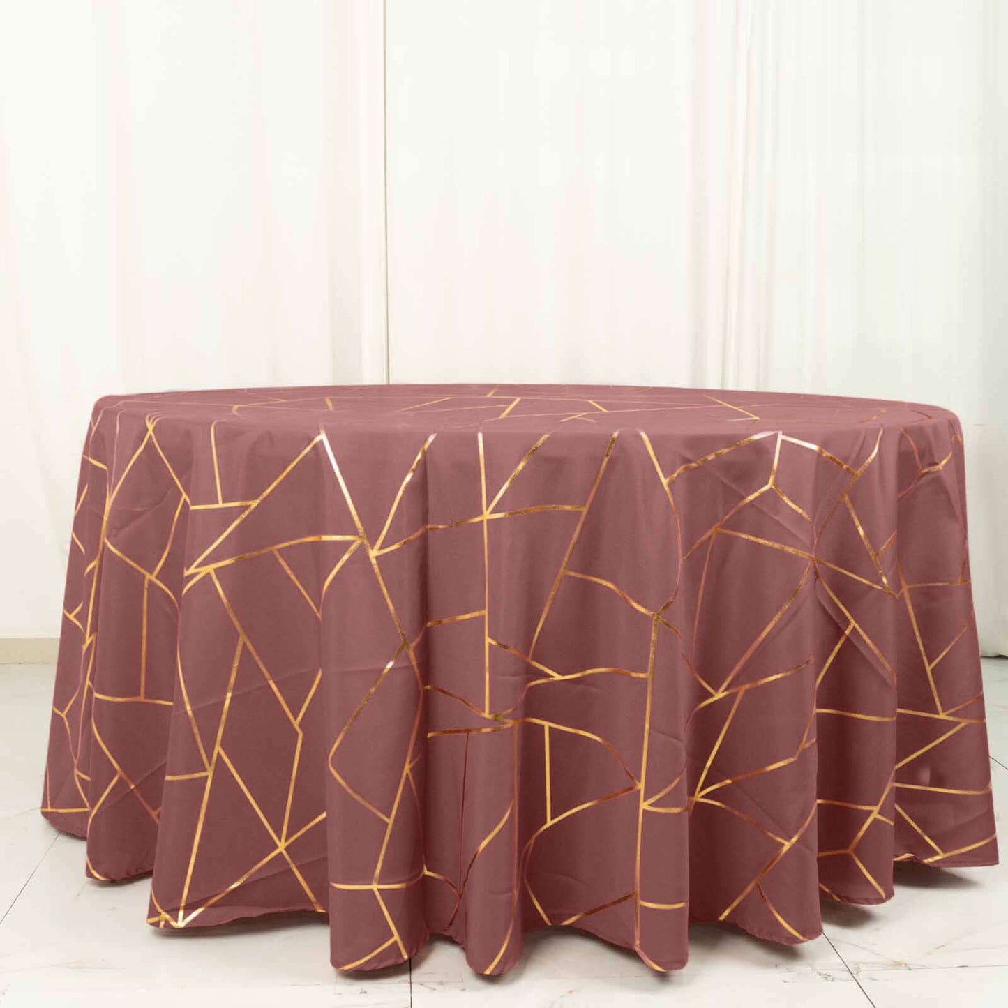 Polyester 120" Round Tablecloth Cinnamon Rose with Gold Foil Geometric Pattern Wrinkle-Resistant Seamless Table Cover