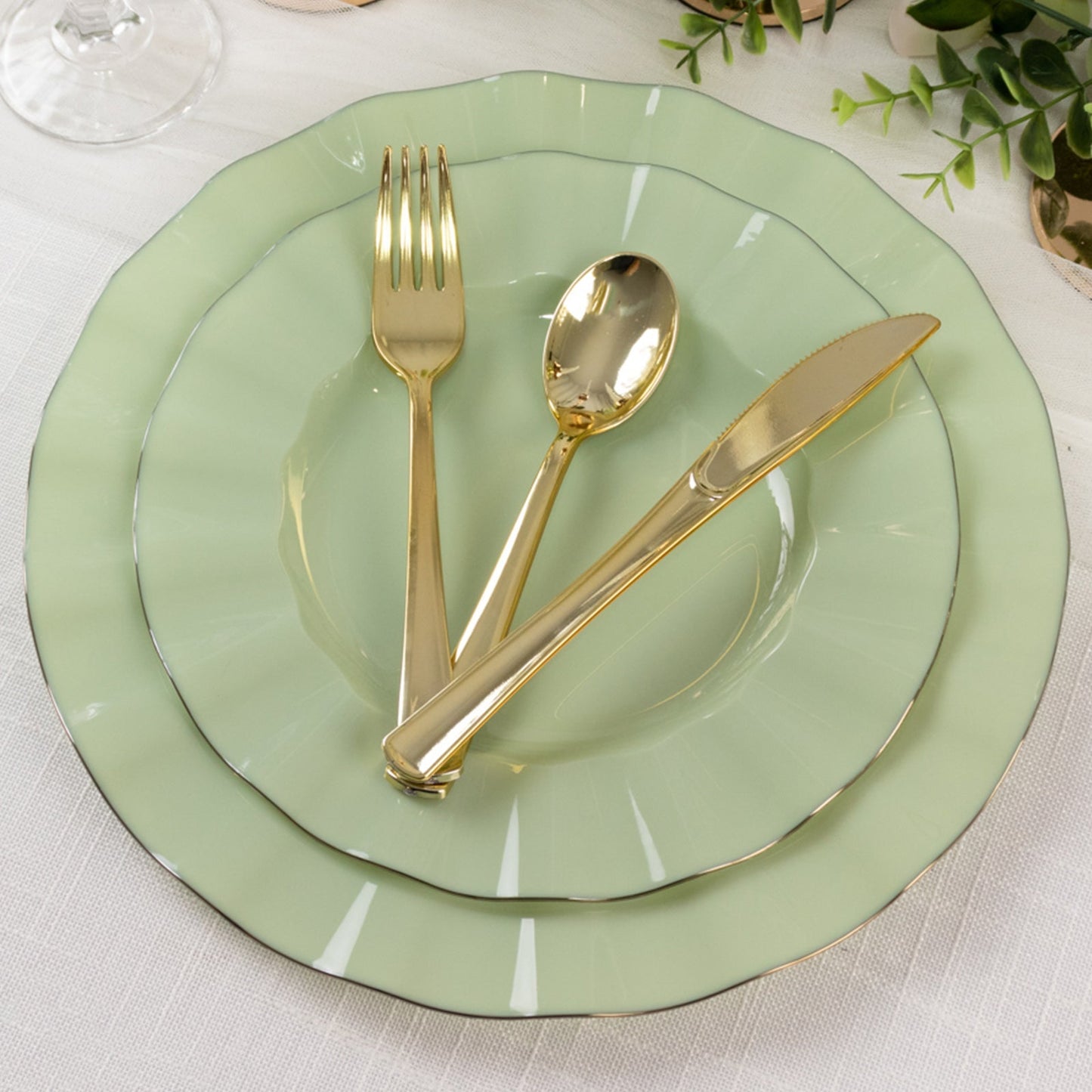 10-Pack Plastic 9" Round Dinner Plates in Sage Green Ruffled Rim with Gold Edging - Sturdy Disposable Dinnerware