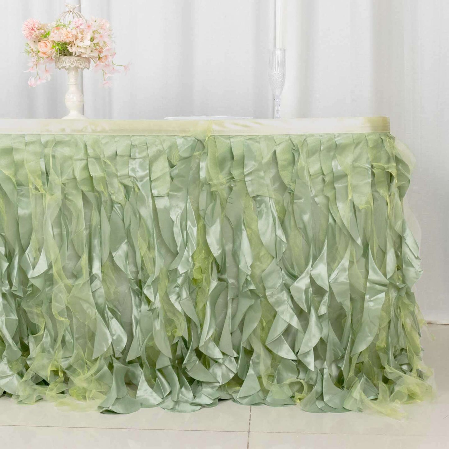 Taffeta 14ft Table Skirt Sage Green - Cascading Curly Willow Style Table Cover