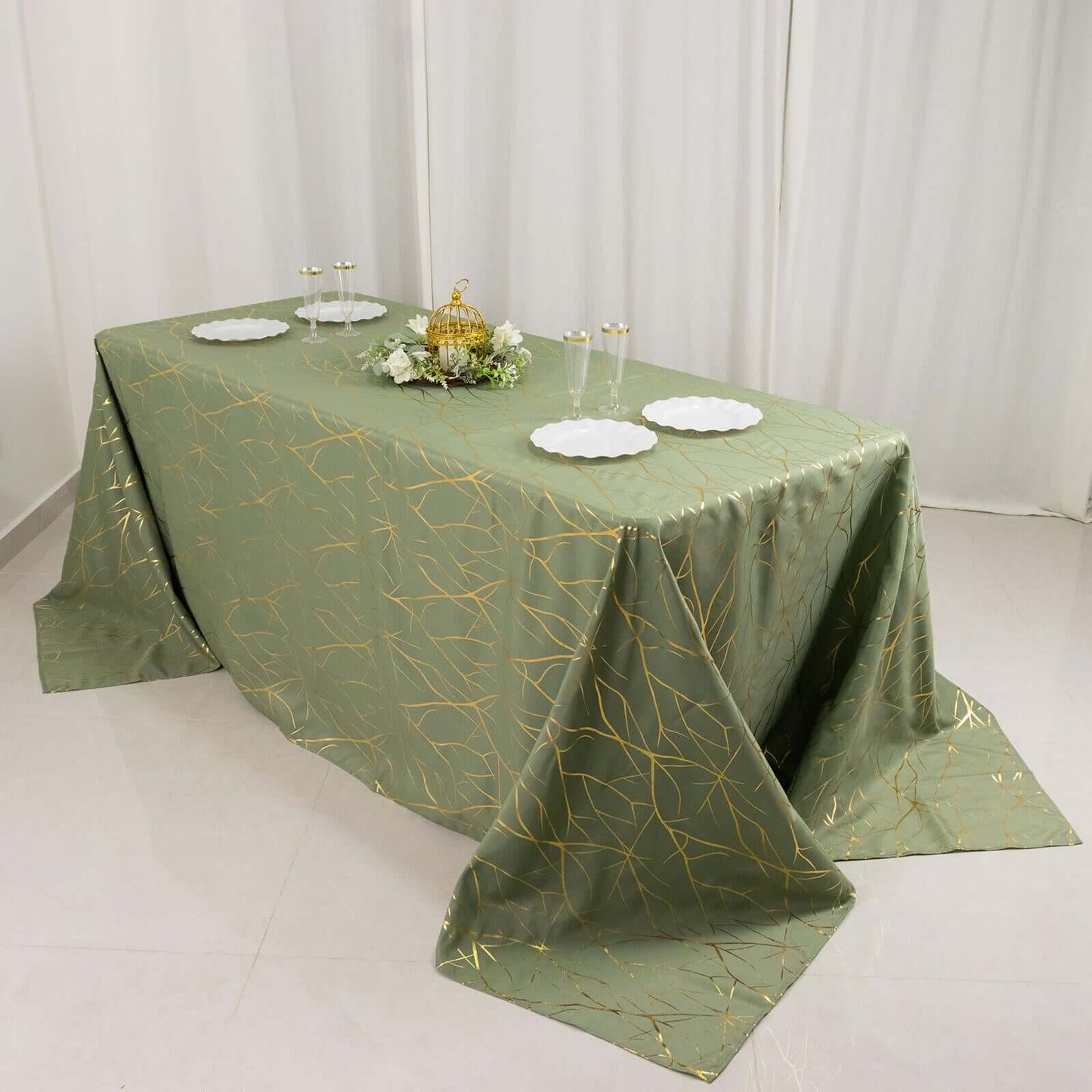 Polyester 90"x132" Rectangle Tablecloth Dusty Sage Green with Gold Foil Tree Branch Pattern - Wrinkle-Resistant Seamless Table Cover