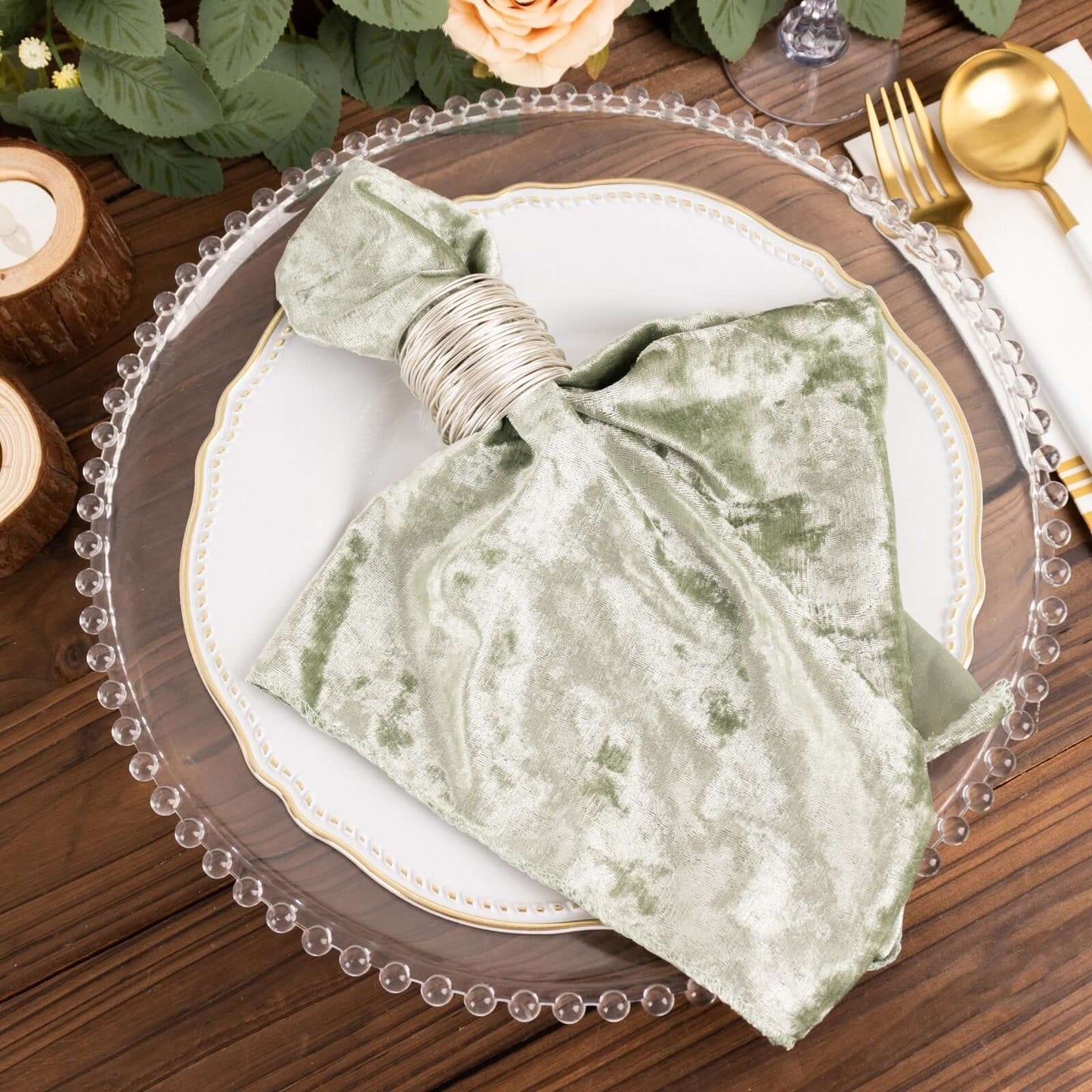 5 Pack Premium Crushed Velvet 20"x20" Napkins Sage Green - Rich & Textured Finish Dinner Napkins