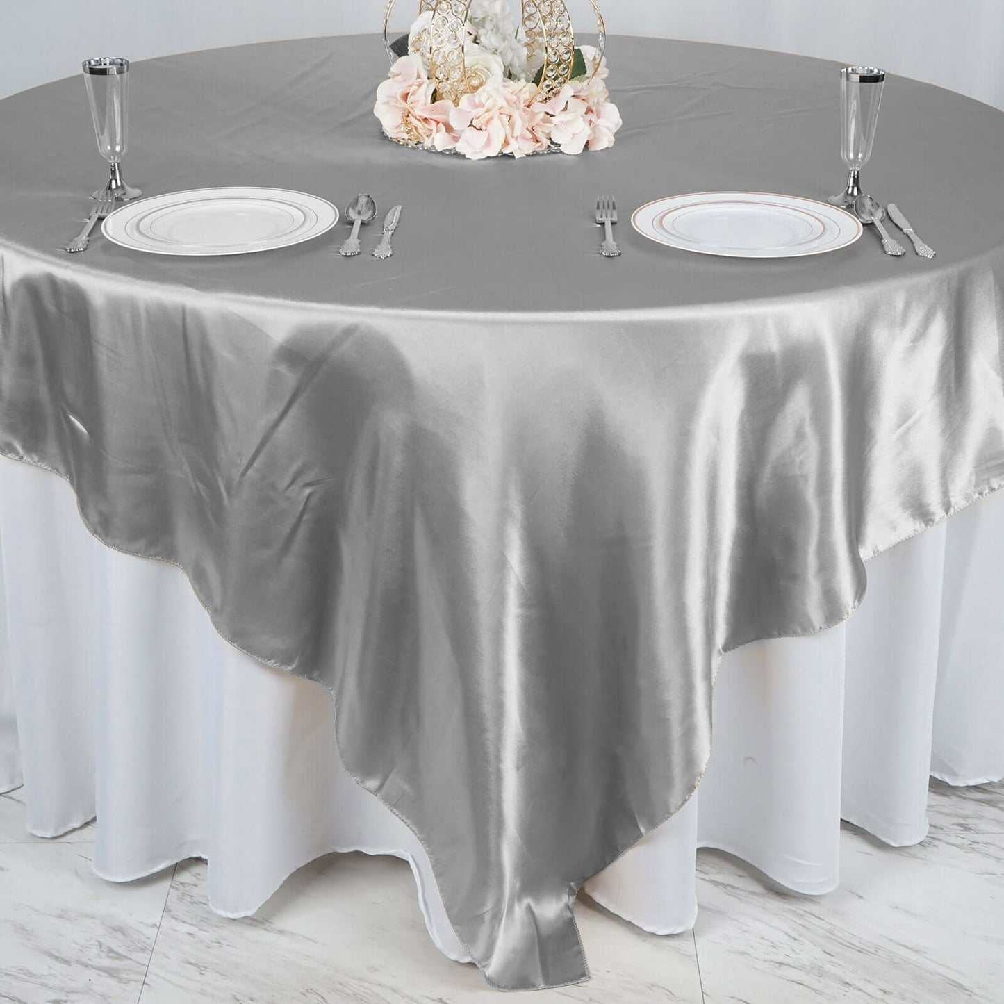 Satin 90"x90" Table Overlay Square Tablecloth Silver - Smooth Finish Table Topper
