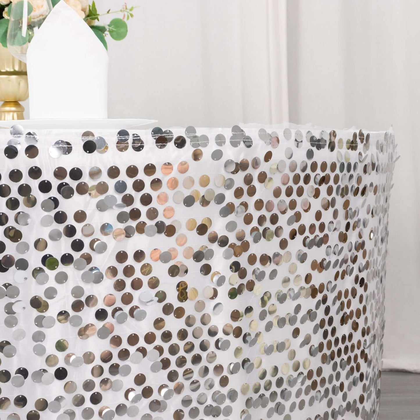 Payette Sequin 21ft Table Skirt Silver - Dual Layered Satin Table Cover