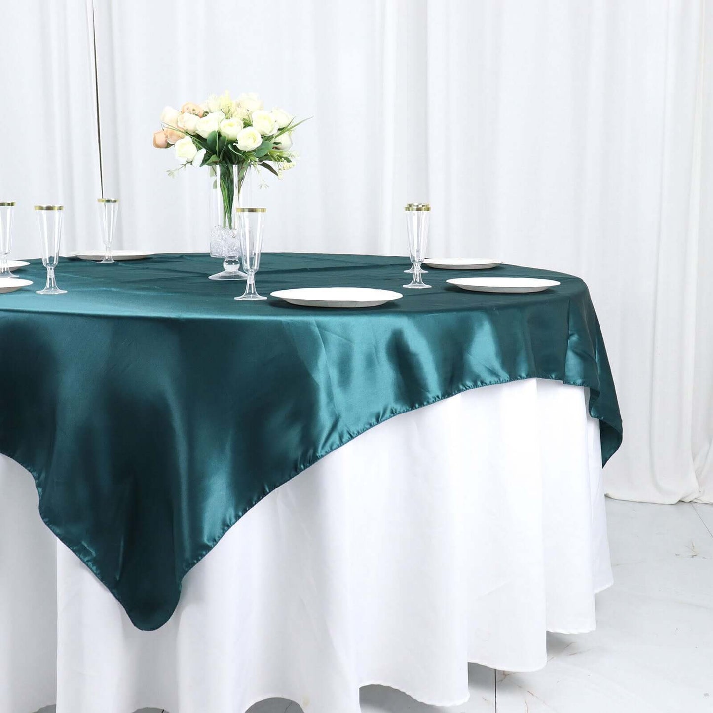 Satin 72"x72" Table Overlay Square Tablecloth Peacock Teal - Smooth Finish Table Cover