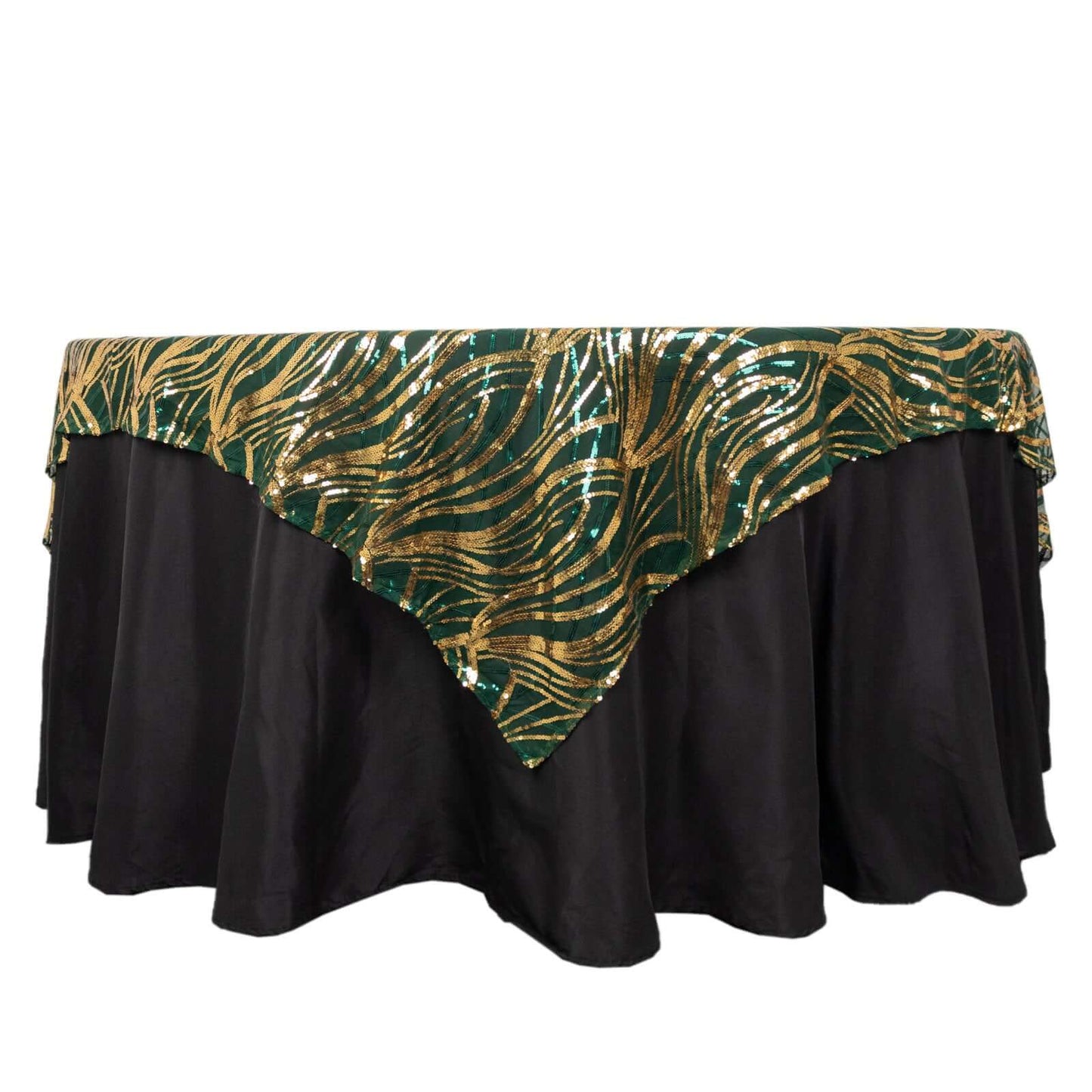 Mesh 72"x72" Table Overlay Square Tablecloth Hunter Emerald Green - Wave Embroidered Sequins Table Topper