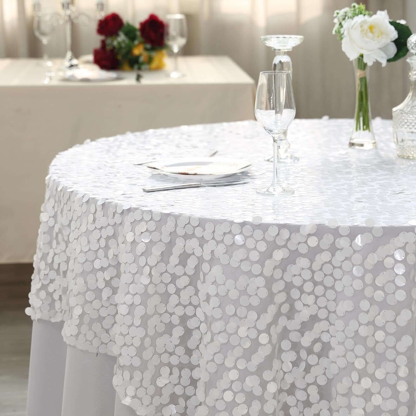Sequin 72"x72" Table Overlay Square Tablecloth White - Big Payette Design for Classy Celebrations