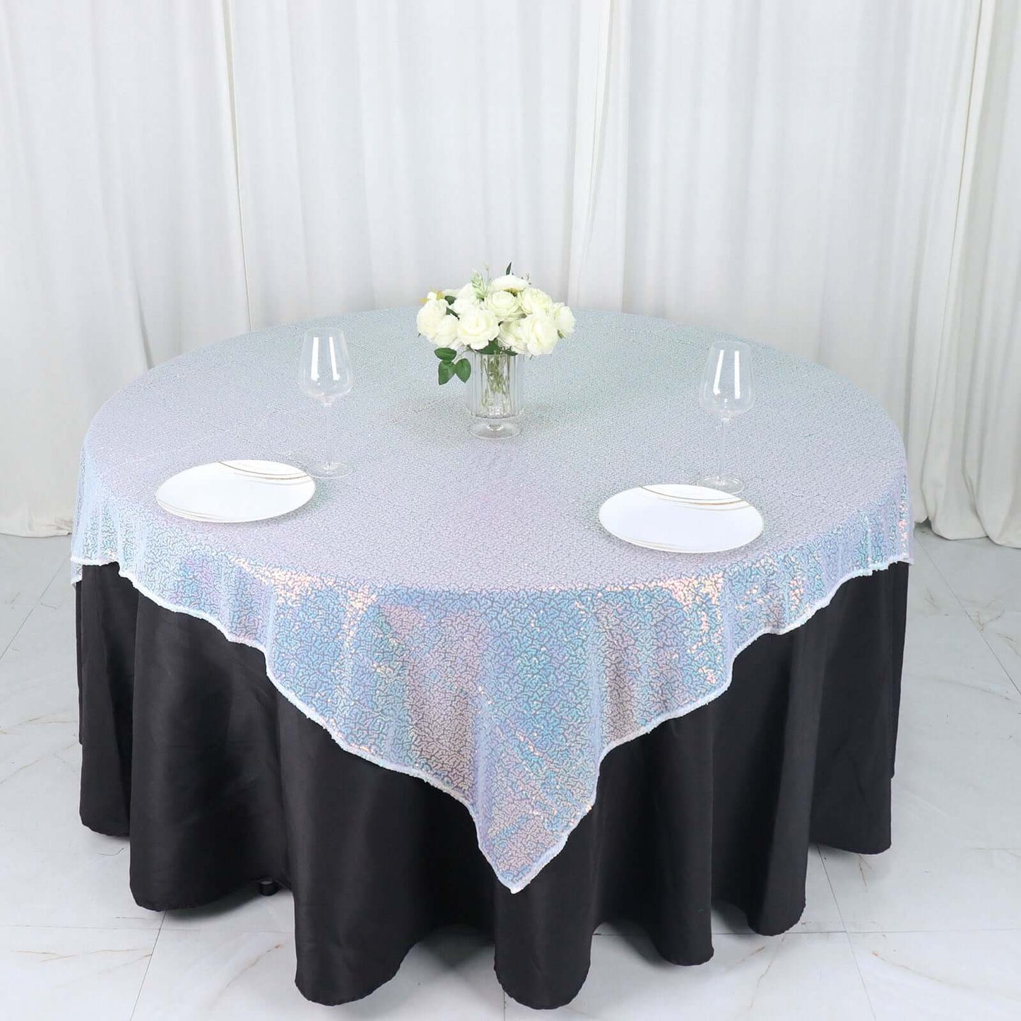 Sequin 60"x60" Table Overlay Square Tablecloth  Iridescent Blue - Luxe Wedding Table Topper