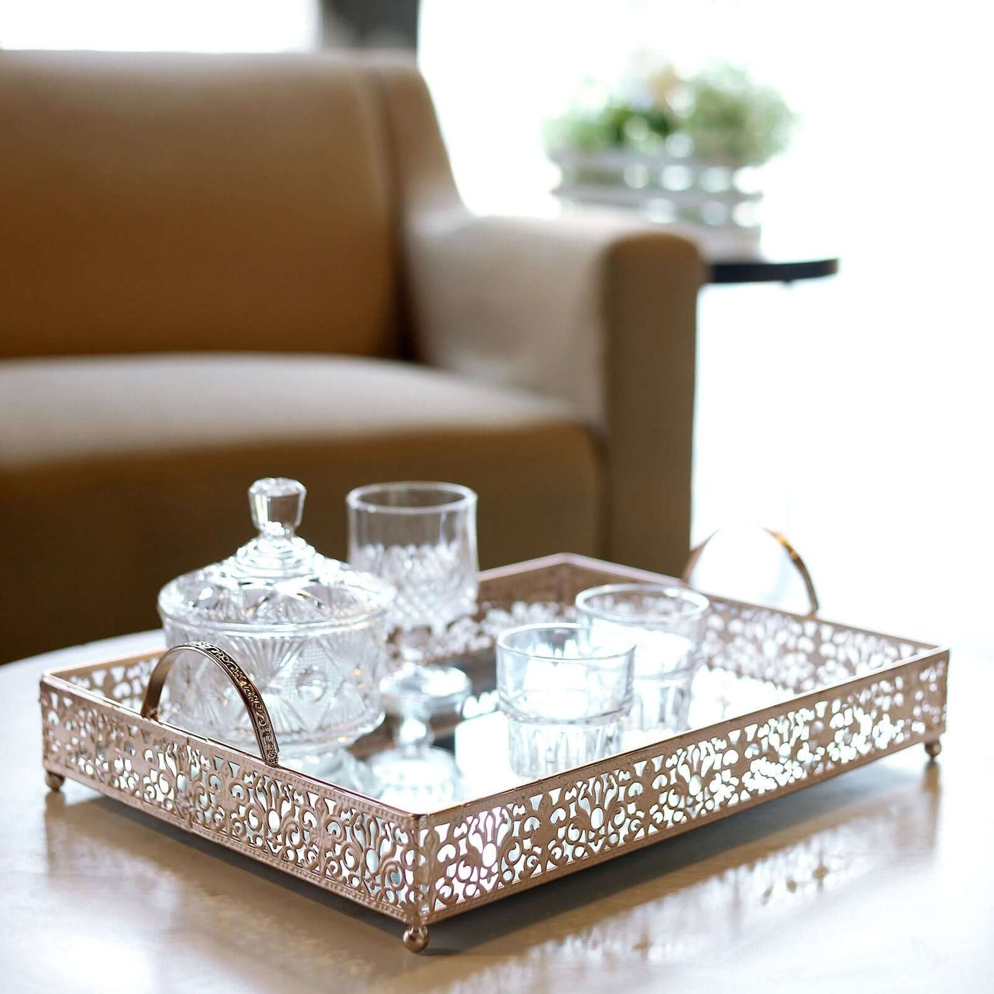 Metal Mirrored Rectangle Serving Tray 16"x12" in Rose Gold Fleur De Lis Design with Handles, French Inspired Decorative Vanity Tray Centerpiece