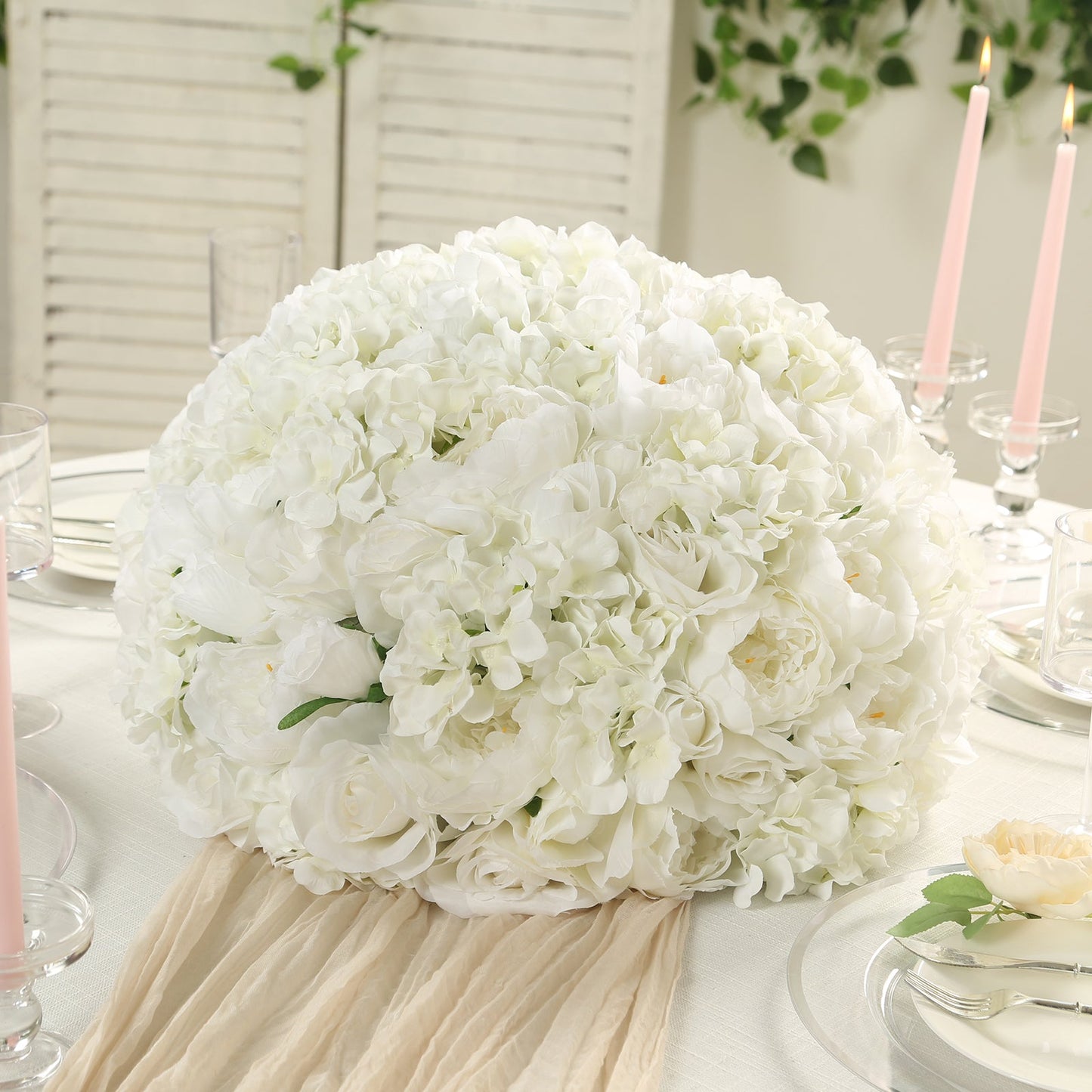 Pre-Arranged Silk Rose Wedding Centerpiece, Ivory Artificial Rose Flower Balls Arrangement Table Decor - 20"