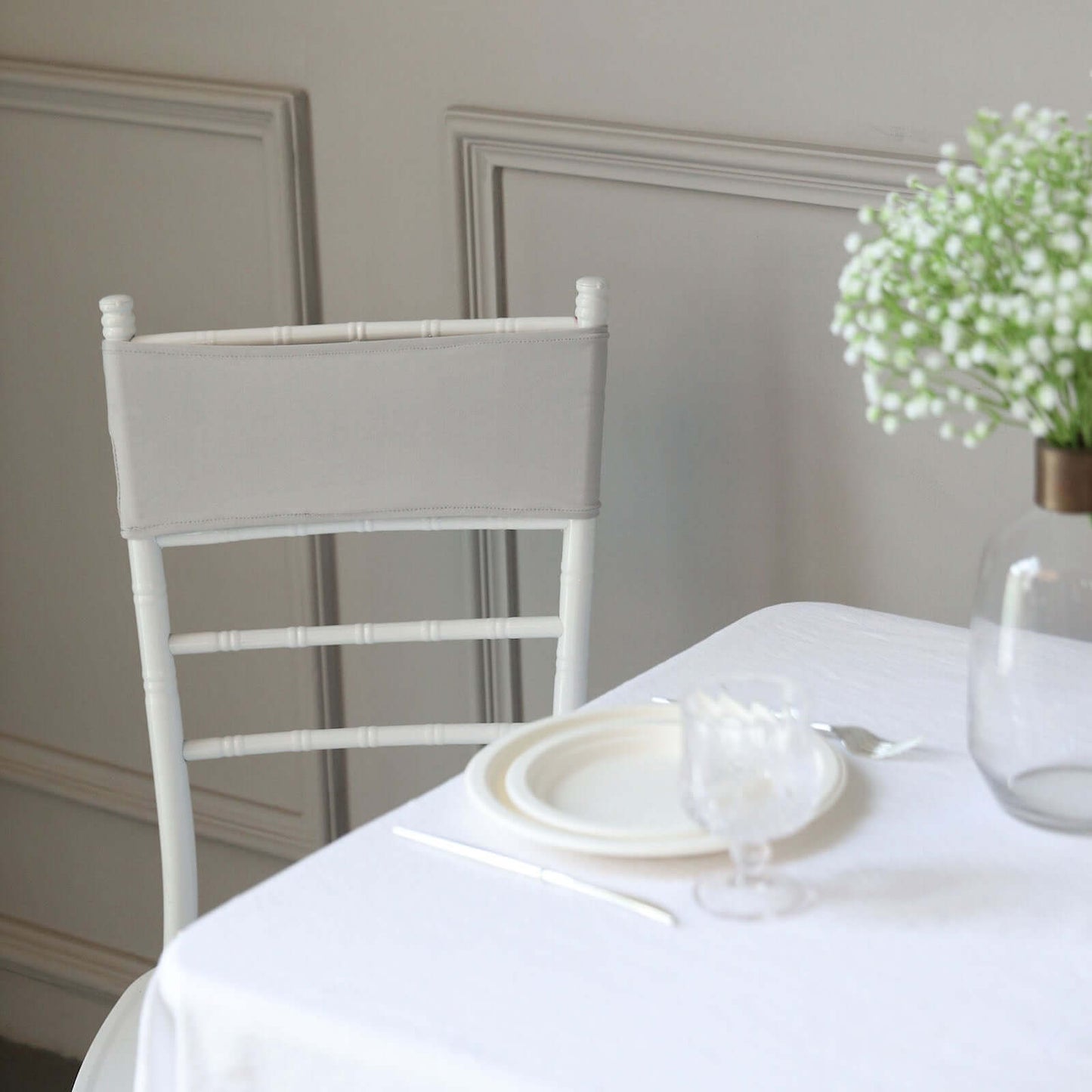 5 Pack Stretch Spandex Chair Sashes Silver - Reusable Chair Bands with Silver Diamond Ring Slide Buckle 5"x14"