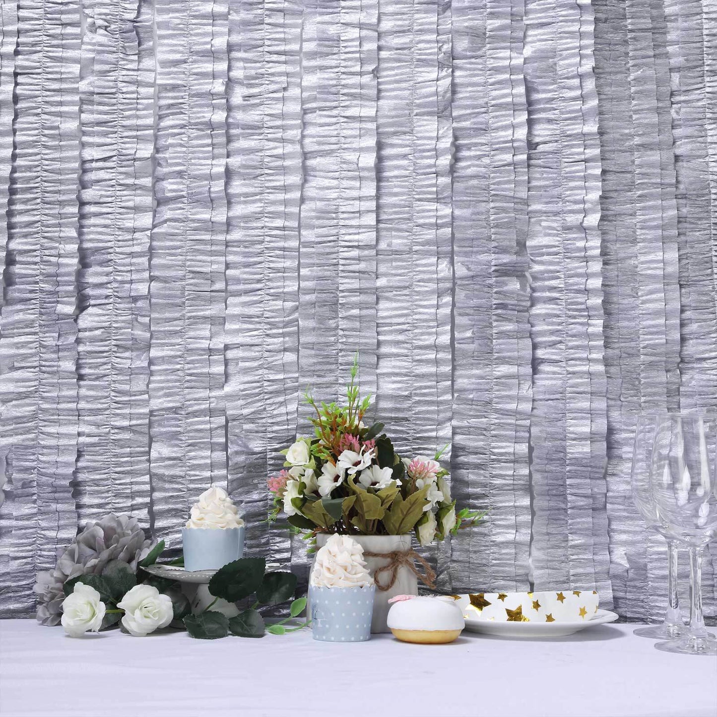 3 Rolls 28ft Silver Ruffled Tissue Paper Party Streamers, Crepe Paper Backdrop Decorations