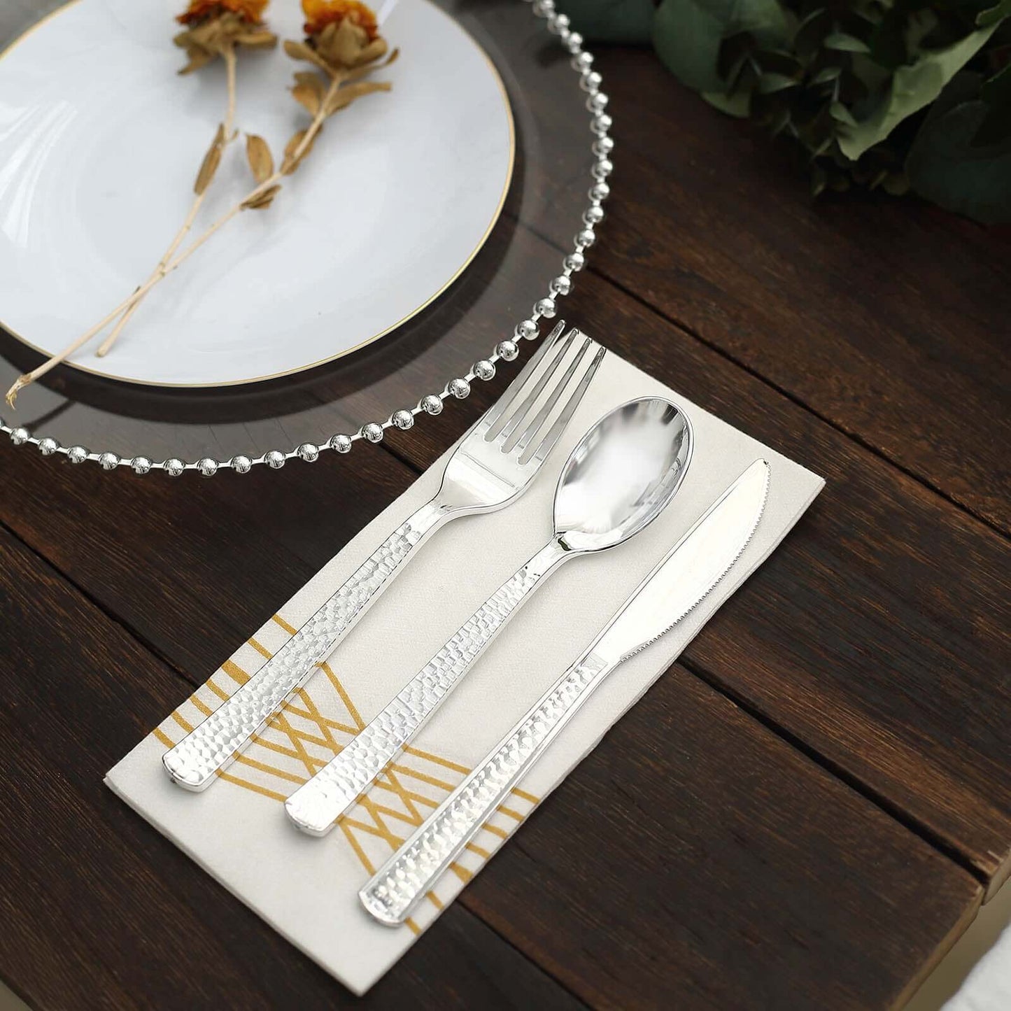 24-Pack Plastic Silverware Set with Hammered Design Silver - Heavy Duty Disposable Utensils 7"