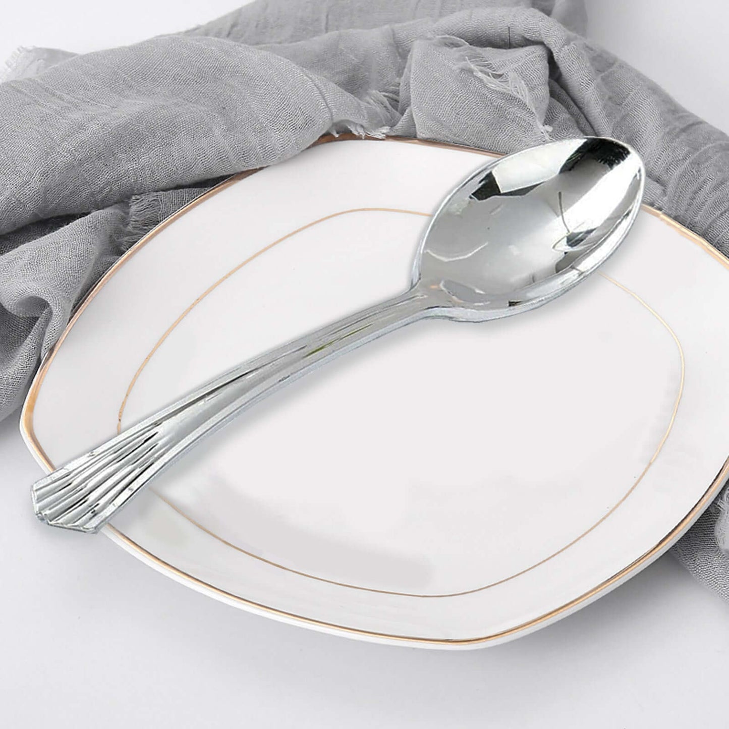 25-Pack Plastic Spoons Silver Heavy Duty with Fluted Handles - Reliable Disposable Cutlery 7"