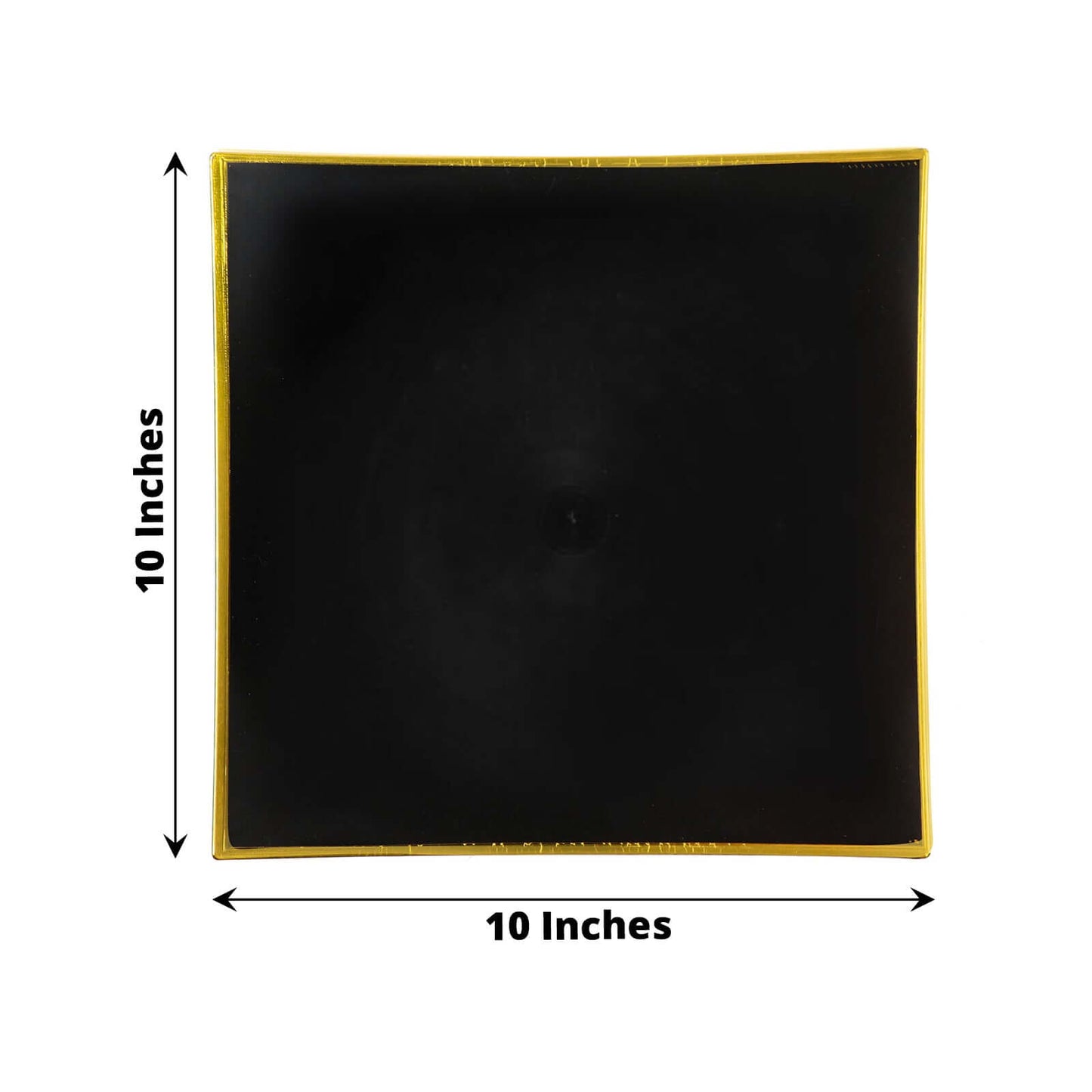 10-Pack Plastic 10" Square Dinner Plates in Black Concave Style with Gold Rim - Modern Disposable Party Plates