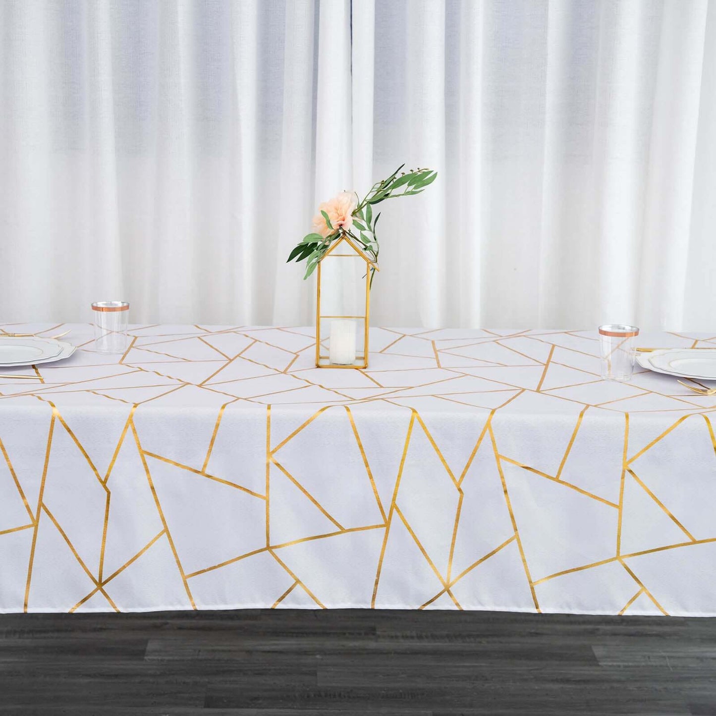 Polyester 60"x102" Rectangle Tablecloth White with Gold Foil Geometric Pattern - Wrinkle-Resistant and Durable Table Cover for Weddings & Events