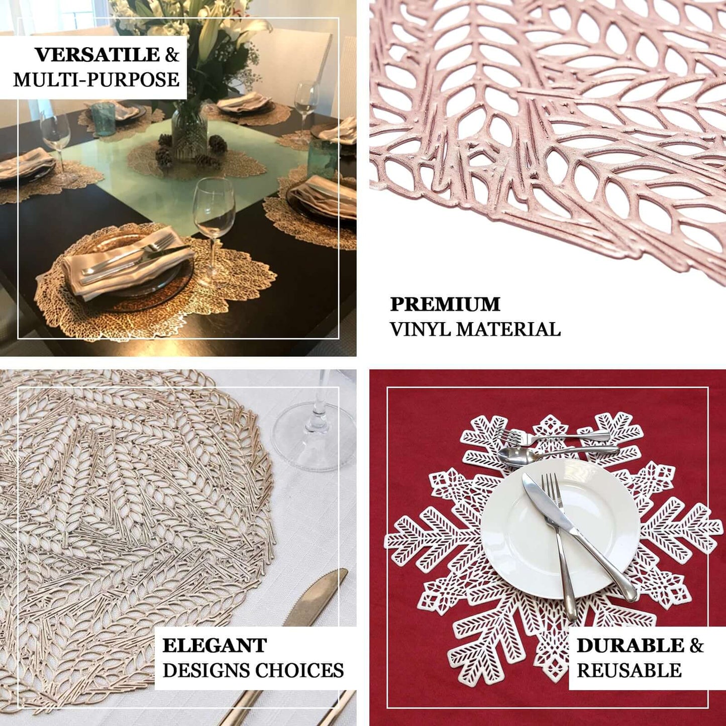 6-Pack Dining Table Mats Floral Design Silver - Metallic Vinyl Round Non-Slip Mats for Tables 15"