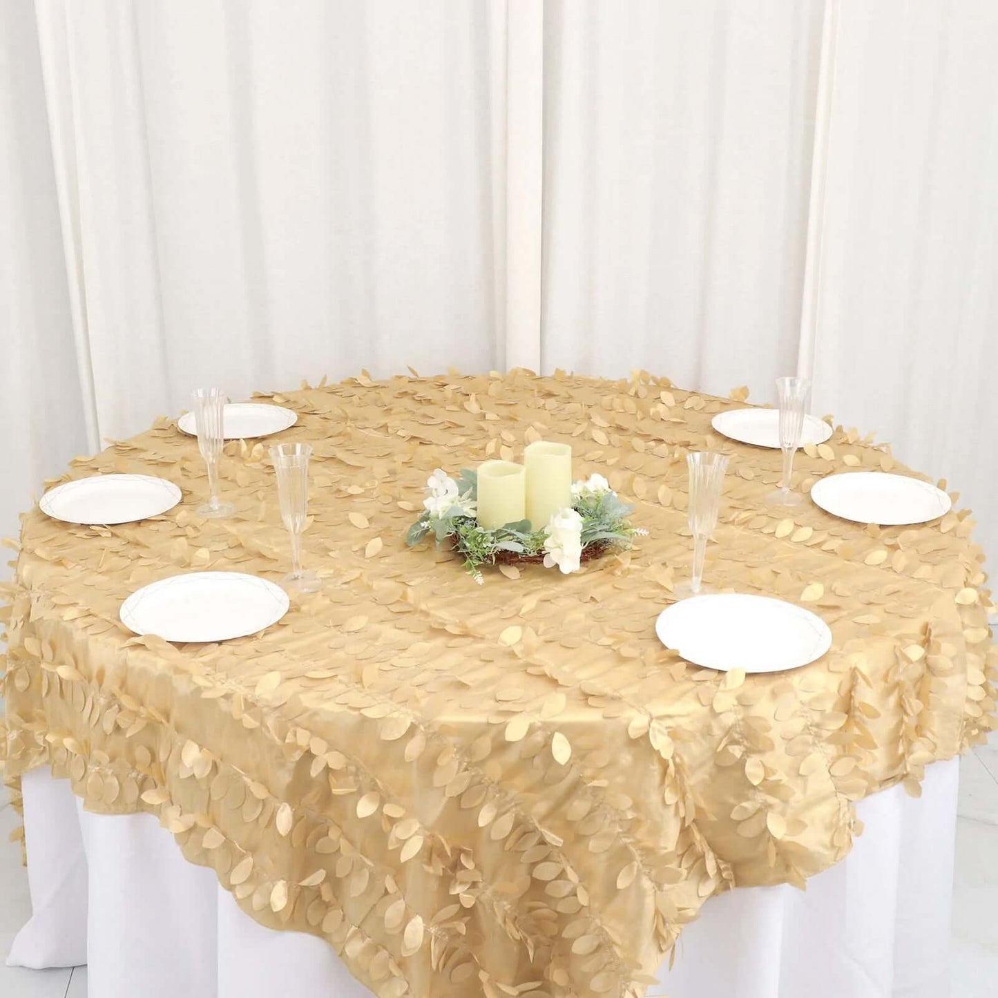 Taffeta 90"x90" Table Overlay Square Tablecloth Champagne - Leaf Petal Design for Stylish Celebrations