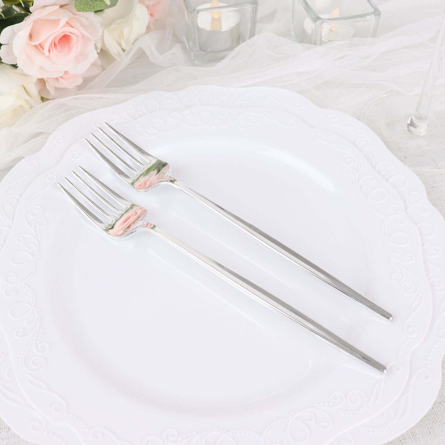 24 Pack 8" Glossy Silver Heavy Duty Plastic Silverware Forks, Shiny Cutlery, Premium Disposable Flatware