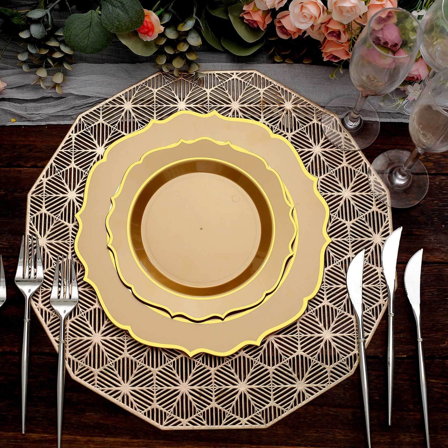 10-Pack Plastic 8" Round Dessert Plates in Gold with Gold Scalloped Rim - Disposable Appetizer/Salad Plates