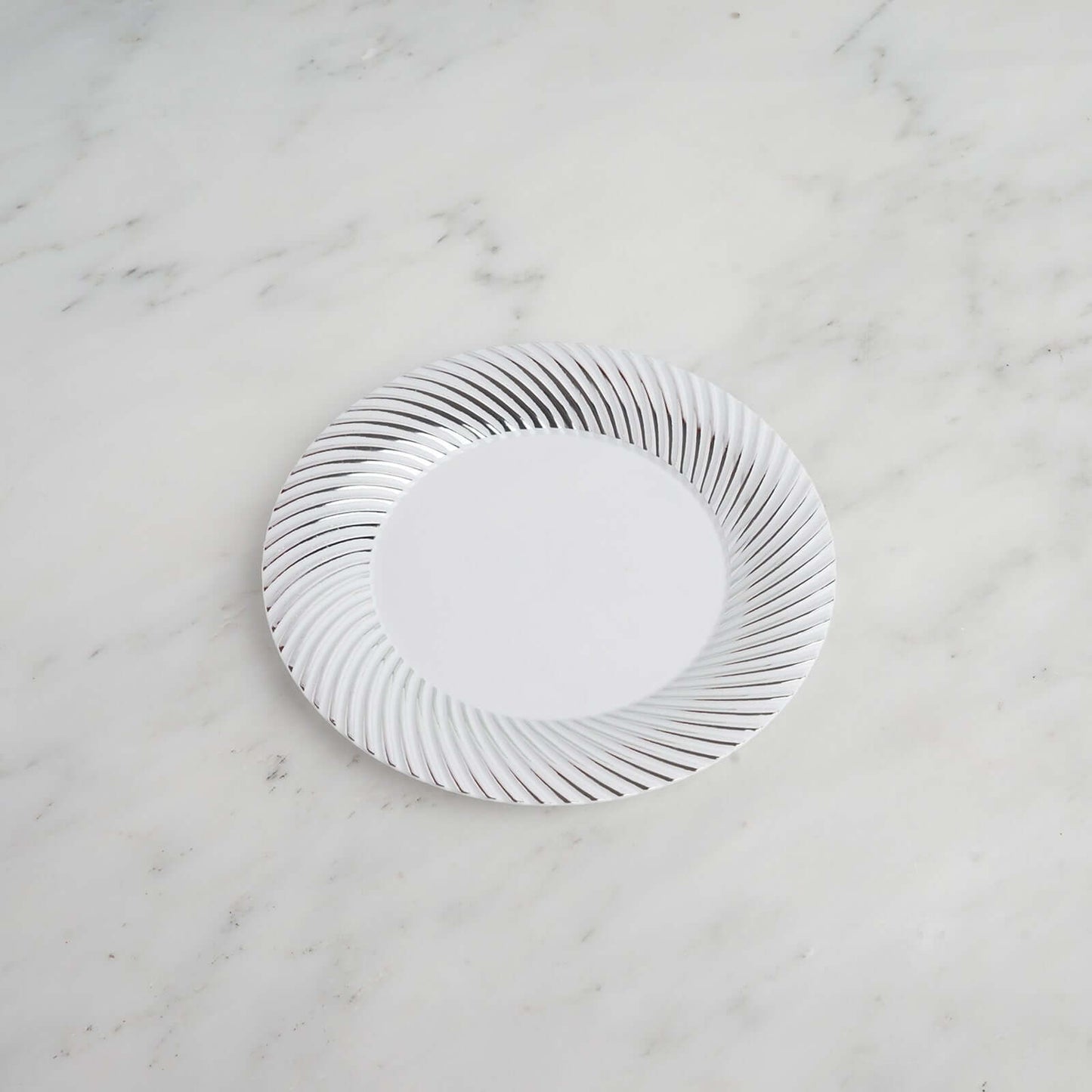 10-Pack Plastic Dessert Plates White/Silver Swirl Rim - Disposable Plates for Appetizers 6"