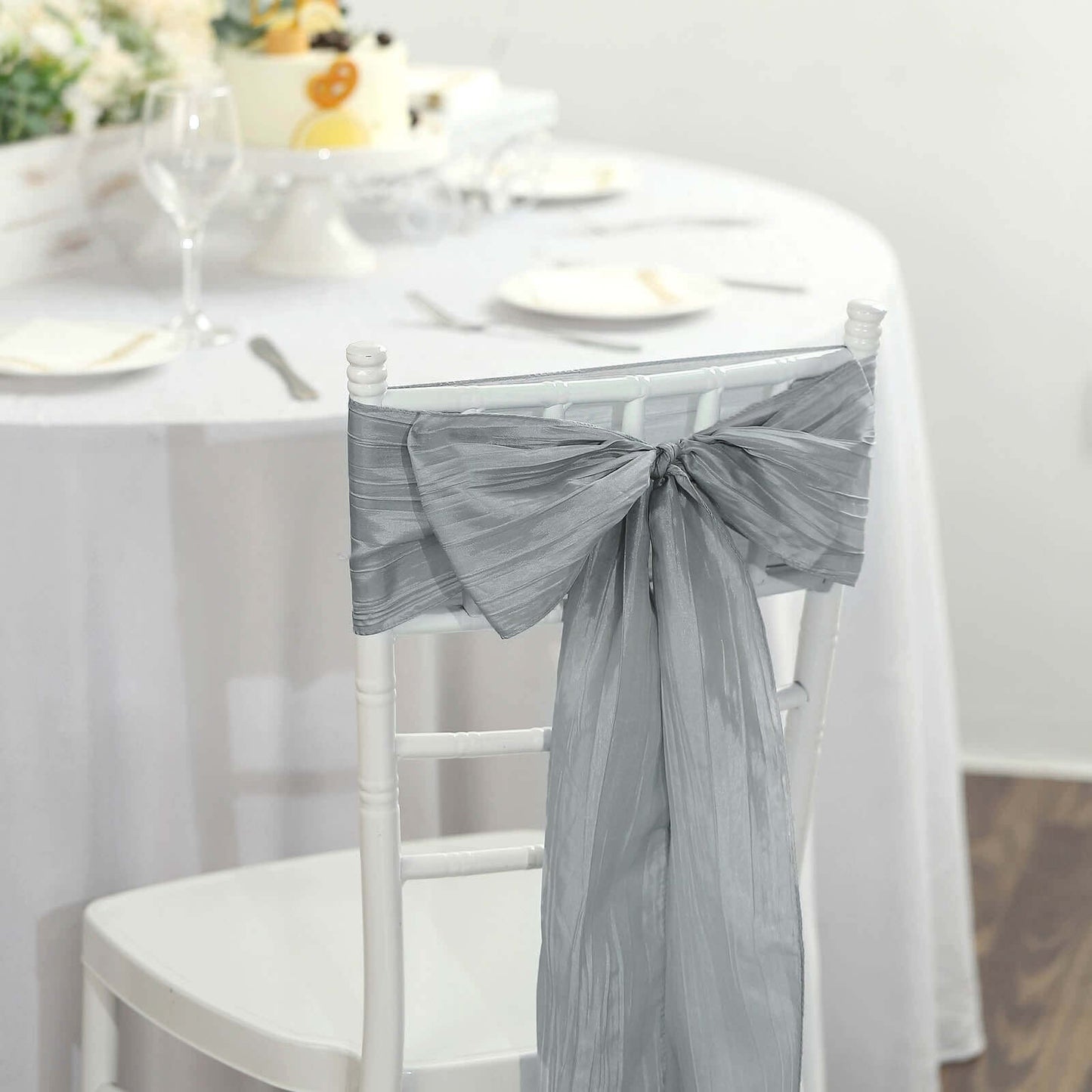 5 Pack Taffeta 6"x106" Chair Sashes Silver Accordion Crinkle Texture - Stylish Decor for Weddings & Gatherings