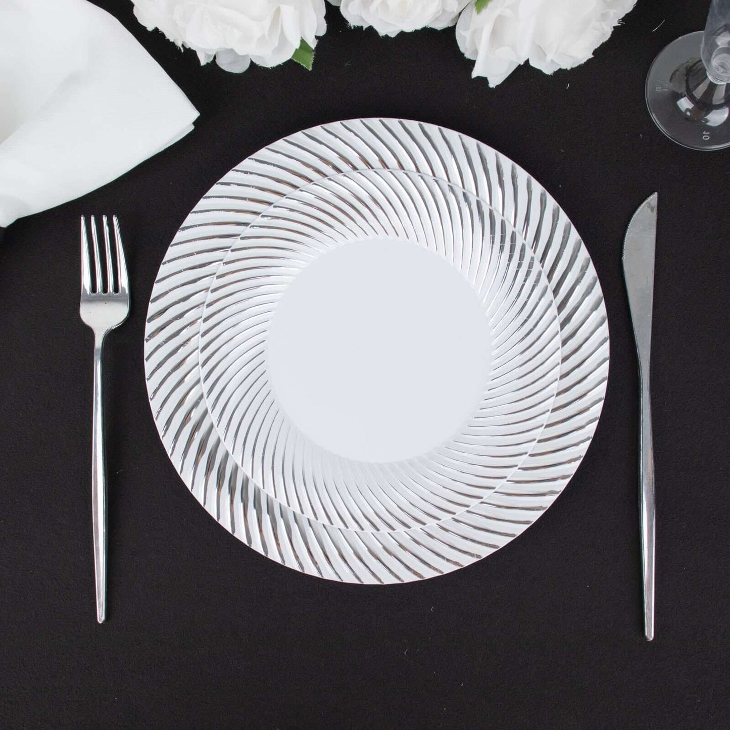 10-Pack Plastic 7" Round Dessert Plates in White with Silver Swirl Rim - Disposable Salad Plates