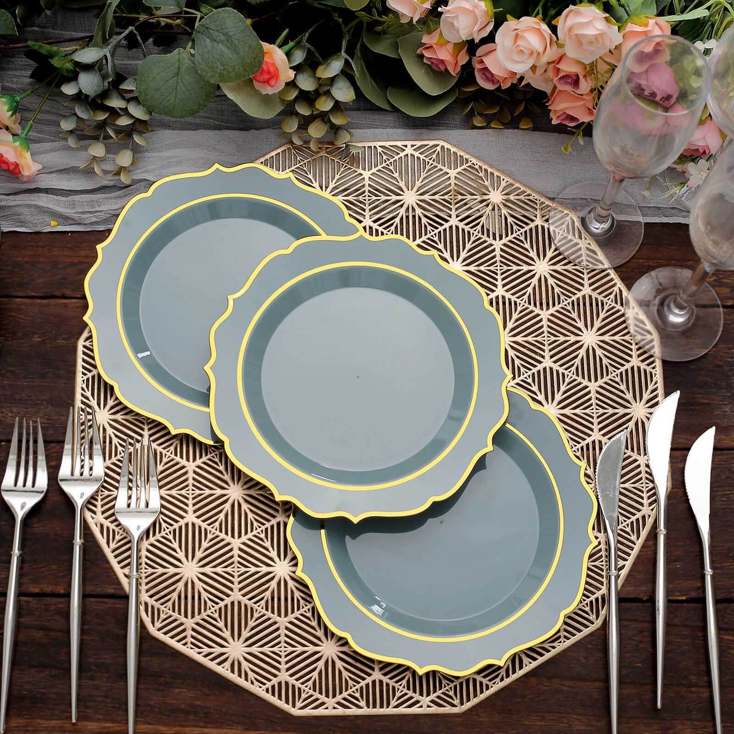 10-Pack Plastic 8" Round Dessert Plates in Dusty Blue with Gold Scalloped Rim - Disposable Appetizer/Salad Plates