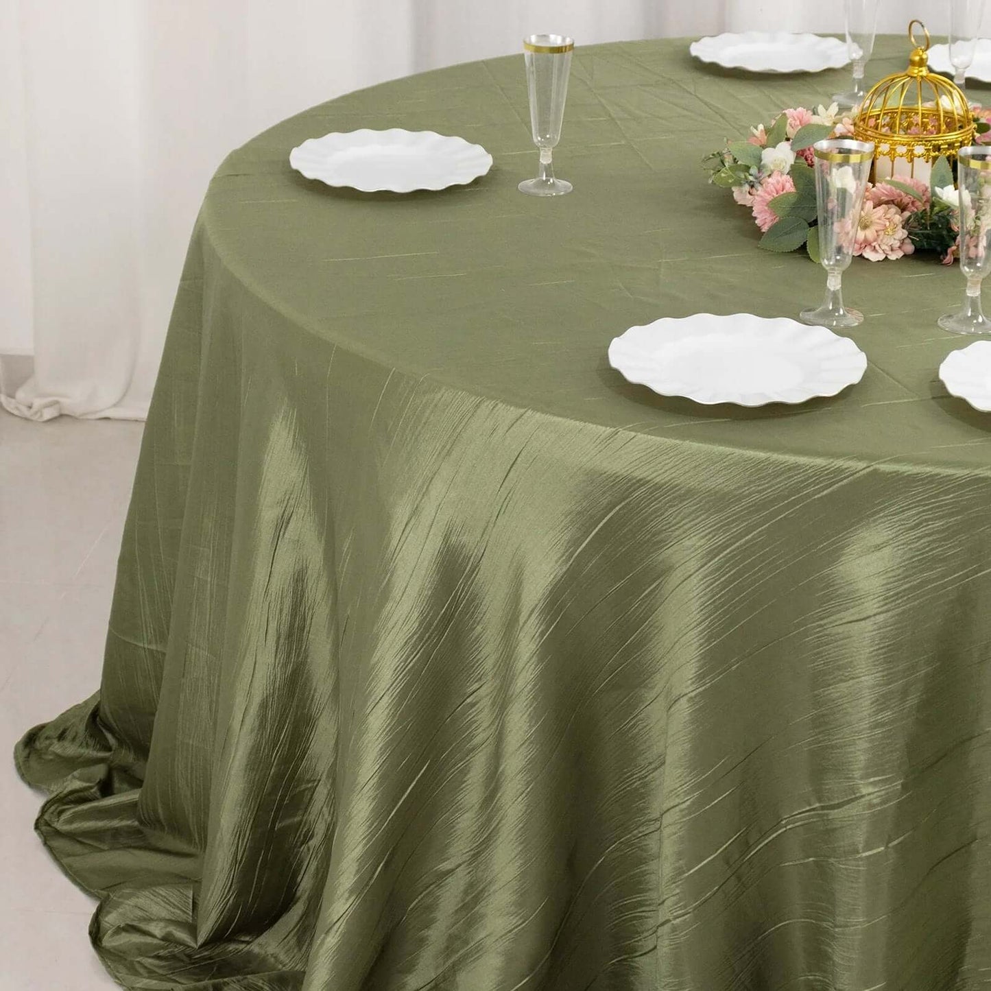 Taffeta 132" Round Tablecloth Dusty Sage Green - Seamless Accordion Crinkle Table Cover