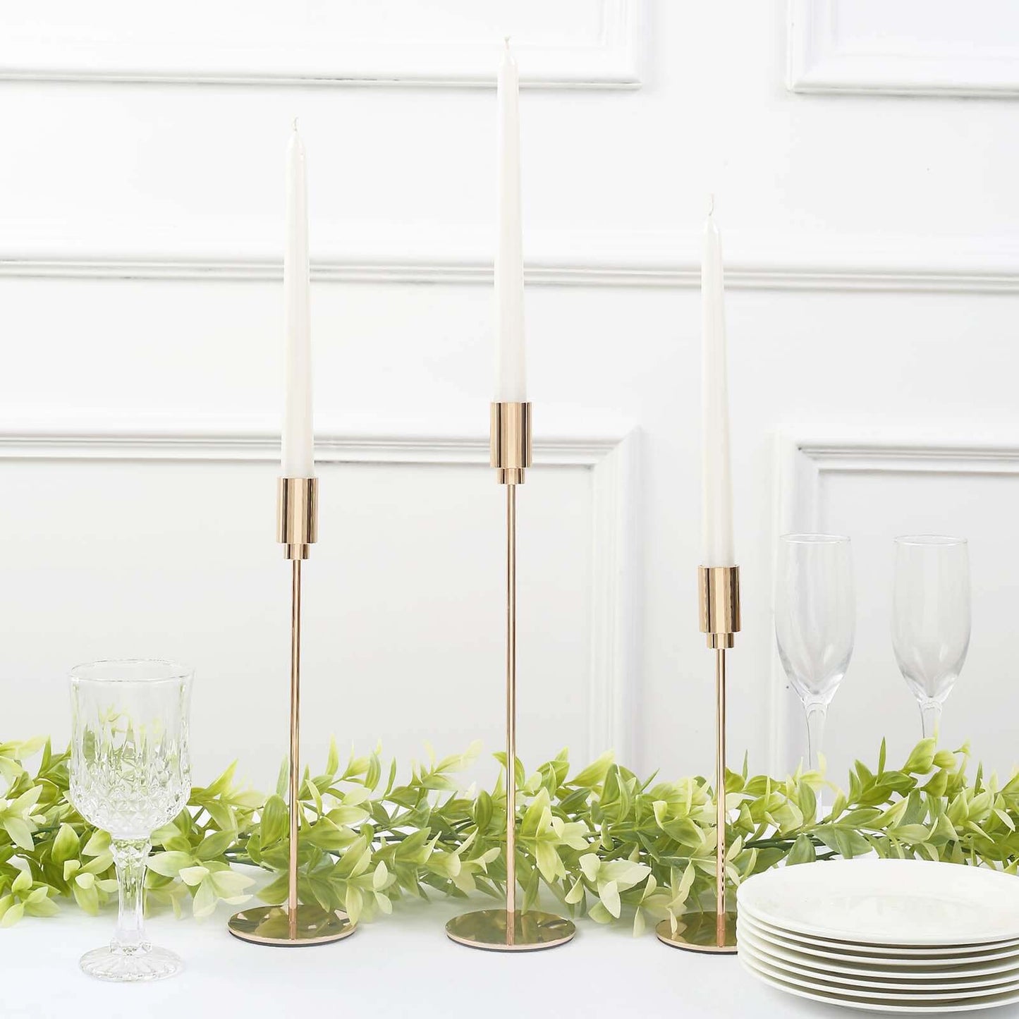 Set of 3 Taper Candle Stands Gold Metal Decorative Round Base Design - Wedding Table Accents 9", 10", 13"