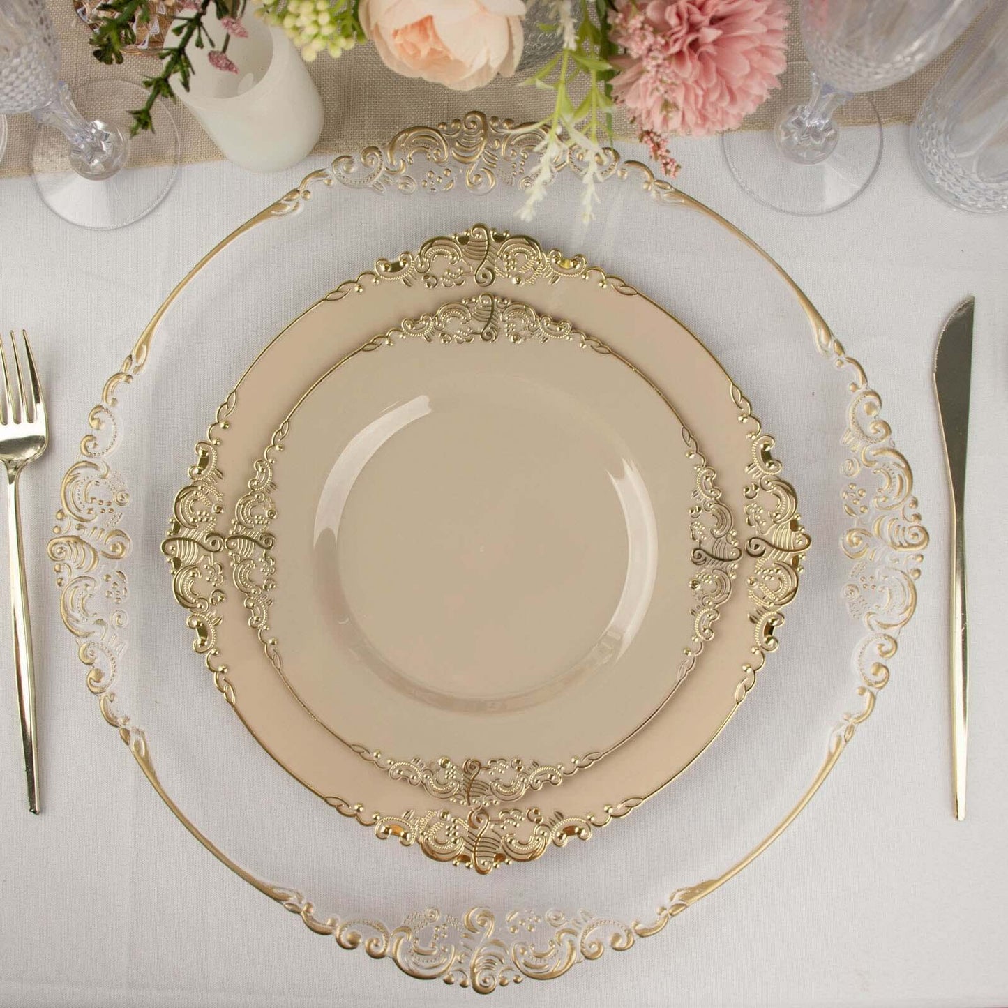 10-Pack Plastic 10" Round Dinner Plates in Taupe with Gold Leaf Embossed Rim - Disposable Vintage Baroque Style Plates