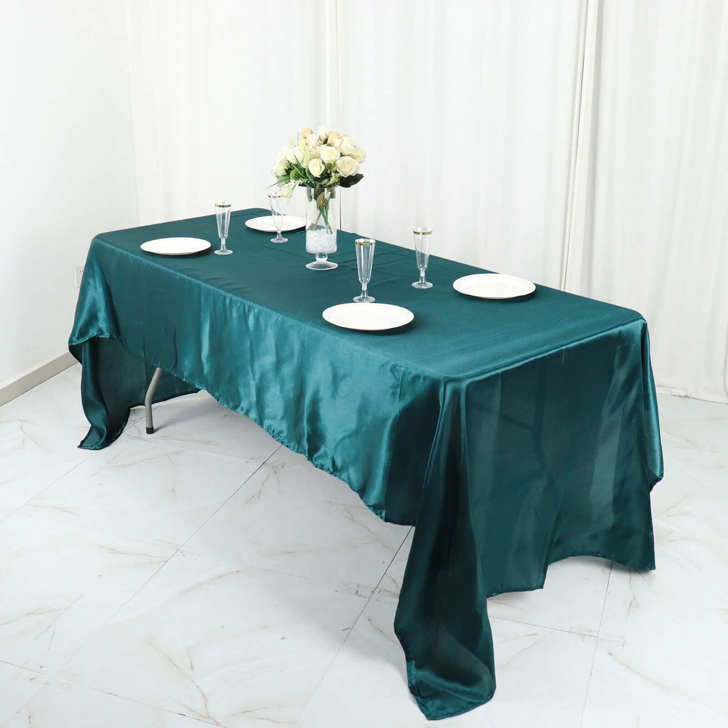 Satin Rectangular 60"x126" Tablecloth Peacock Teal - Smooth and Lustrous Table Cover