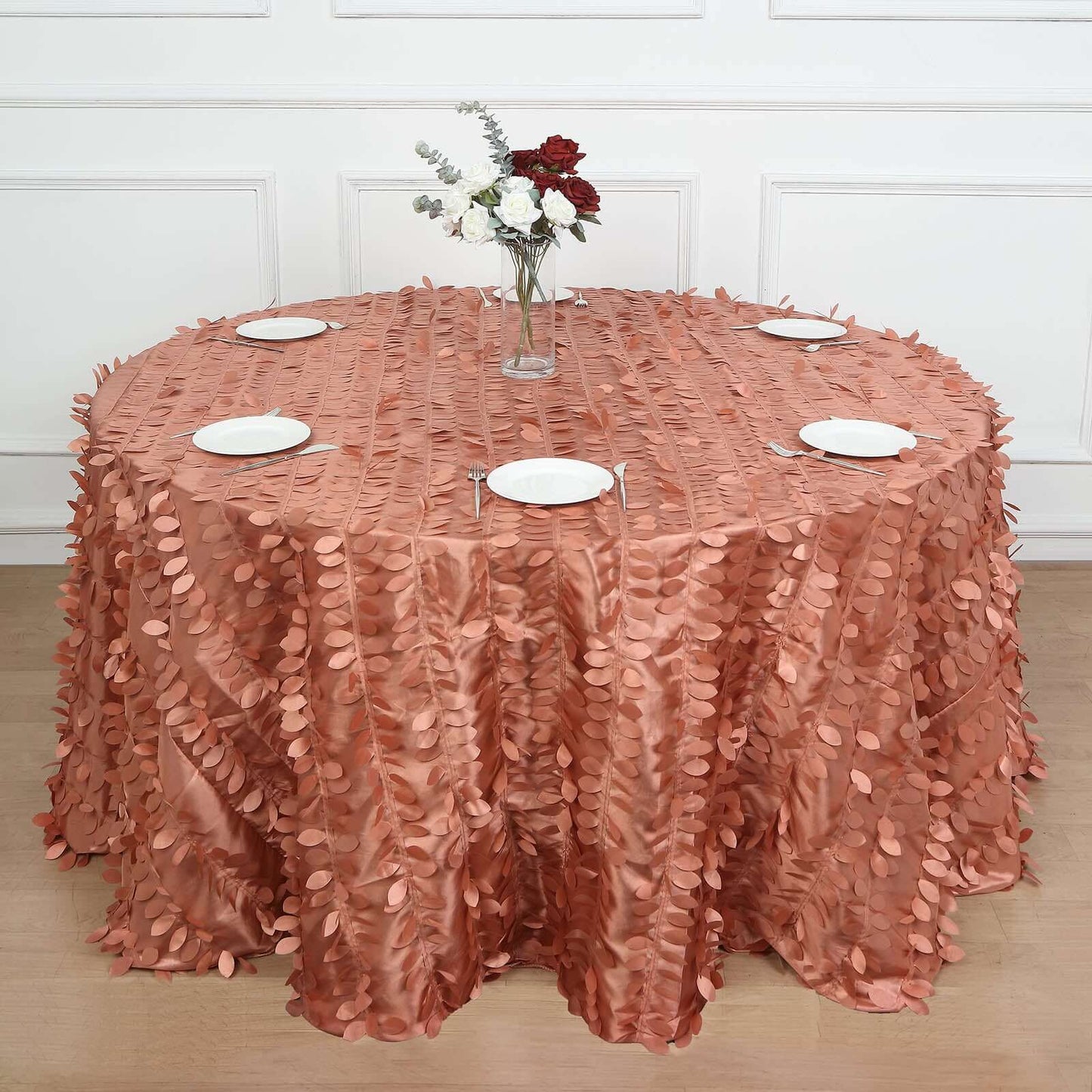 Taffeta 132" Round Tablecloth Terracotta (Rust) | 3D Leaf Petal Design Seamless Table Cover