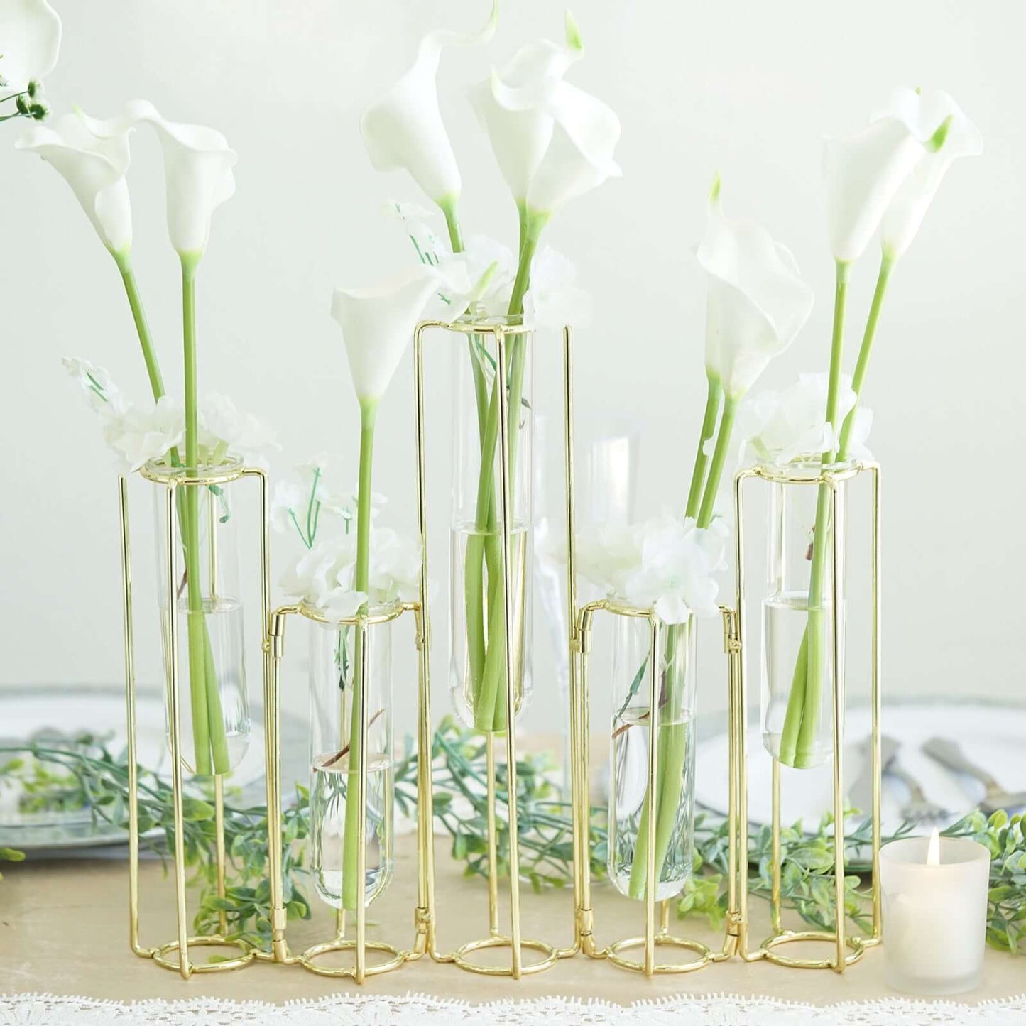 Set of 5 Wedding Centerpieces Gold Frame Conjoined Geometric Design - Test Tube Hydroponic Vases 12"