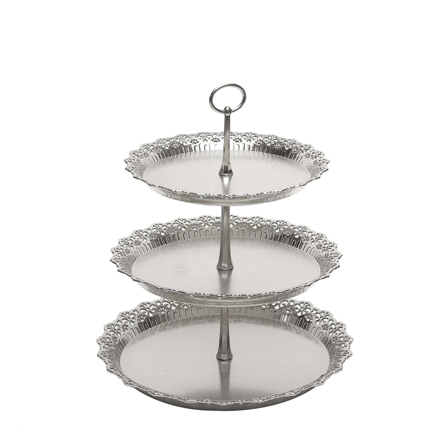 3-Tier Plastic Round Cupcake Stand 15" Metallic Silver with Lace Scalloped Edges