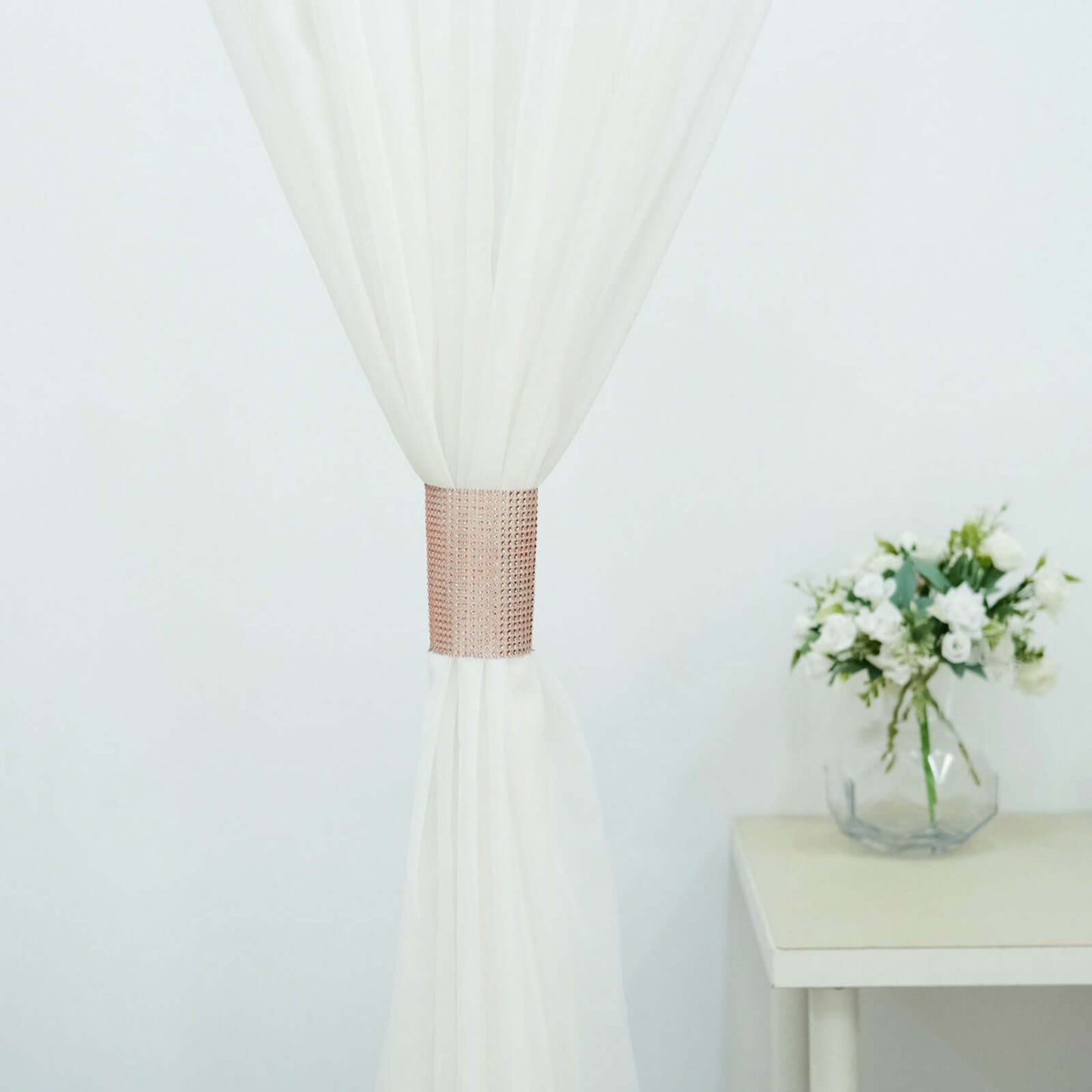 4 Pack Rose Gold Rhinestone Mesh Velcro Backdrop Curtain Bands, Large Chair Sash Clip Tie Backs - 5"X10"