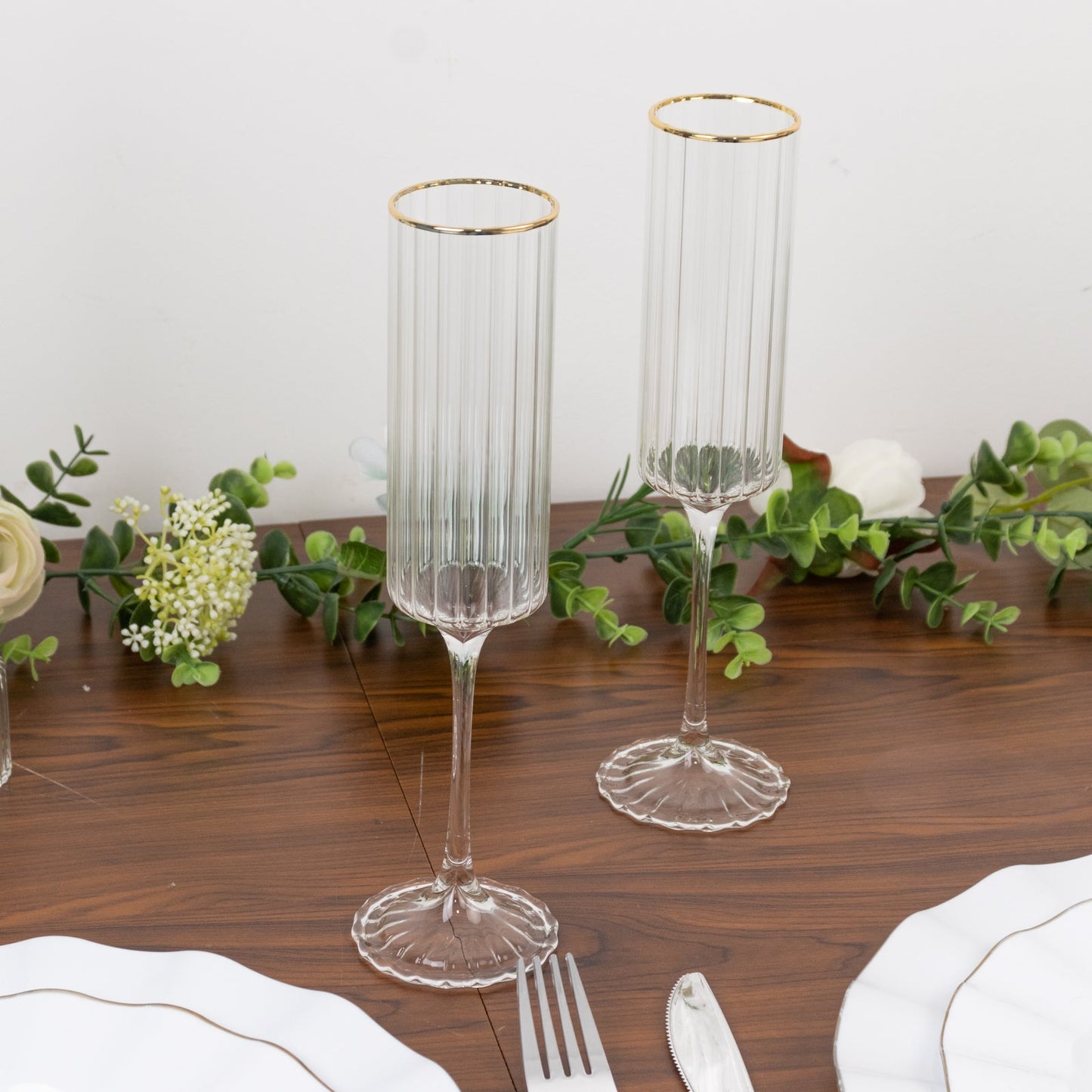 6-Pack Clear Modern Champagne Flutes â€“ 7oz Real Glass, Ribbed Cylindrical Design with Gold Rim, Elegant Toasting Glasses for Weddings & Celebrations â€“ 9.5" Tall