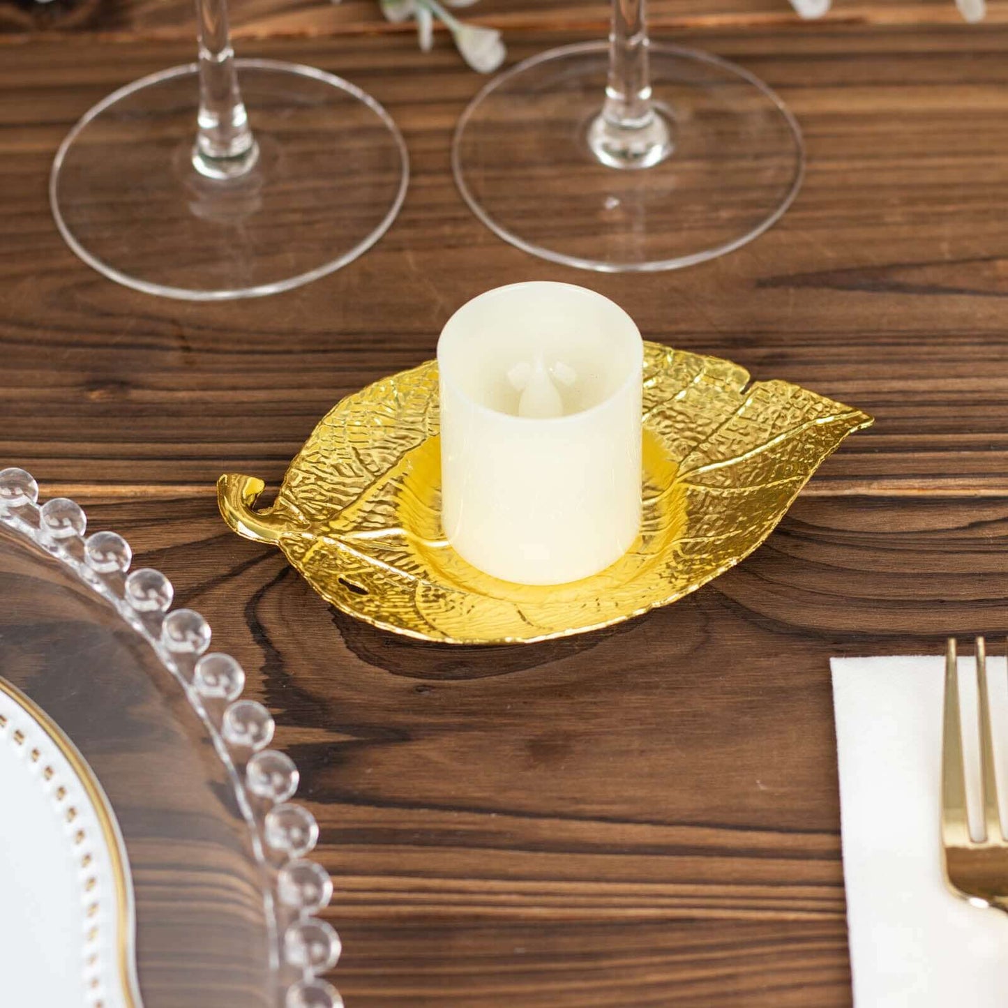 3-Pack Metal Votive Candle Holders Maple Leaf Design Shiny Gold - Vintage Mini Tea Cup Saucers 5"