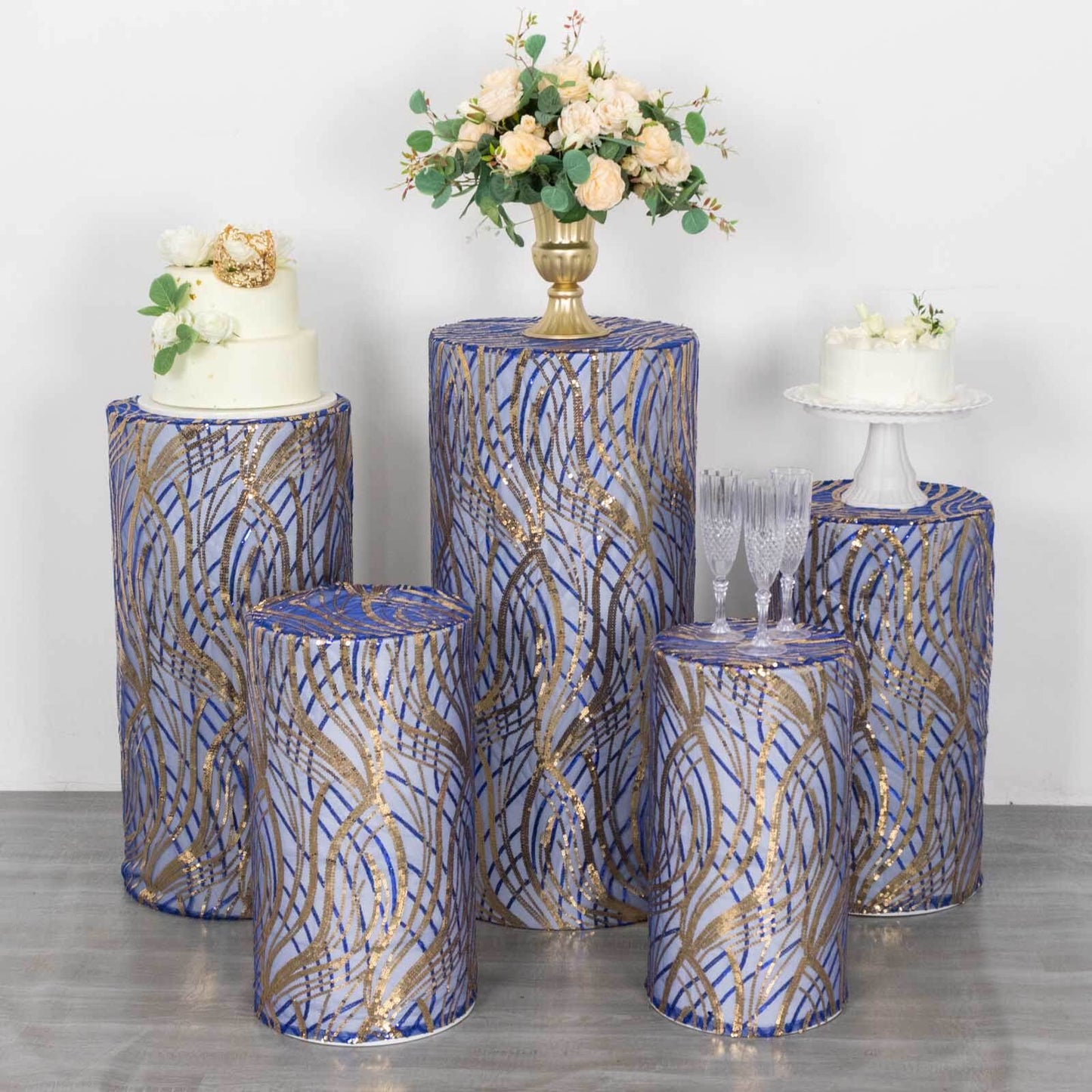 Set of 5 Royal Blue Wave Mesh Cylinder Pedestal Stand Covers with Embroidered Sequins, Pillar Prop Covers - 160 GSM